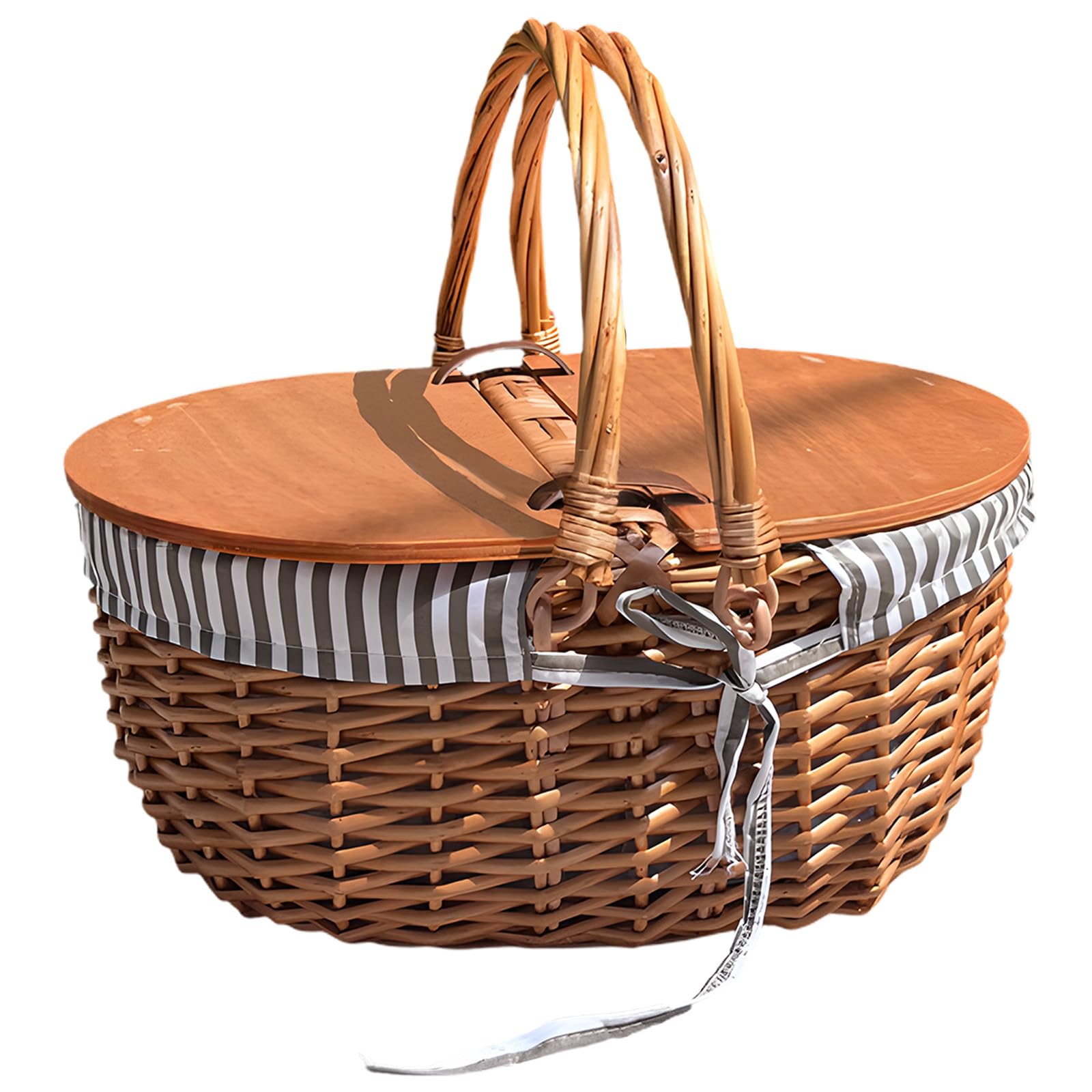 Panier Pique-Nique, Panier en Osier avec Couvercle et poignée, 39 cm, tressage en Saule et Paille, Panier Portable pour Camping, Sorties en Plein air, fêtes et Repas en extérieur