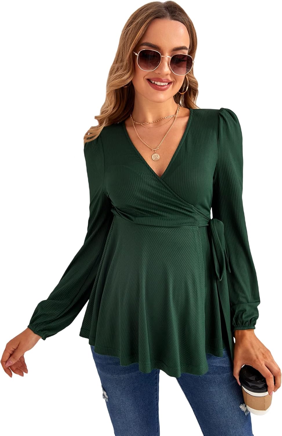 Milumia Women's Maternity Shirts Rib Knit Belted Wrap V Neck Long Sleeve Tee Tops