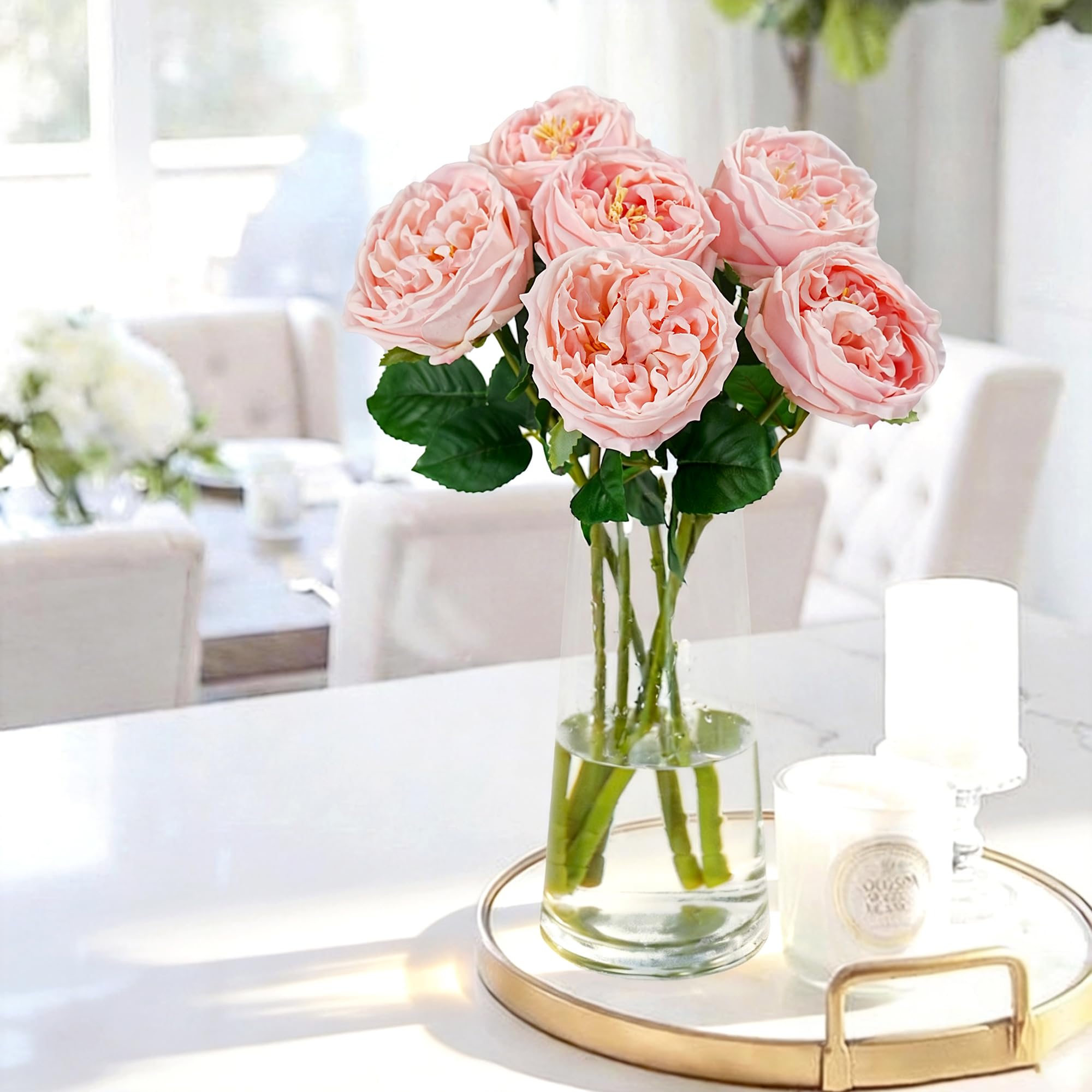 JaHe Artisan 6pcs Real Touch Fake Austin Flowers, 17'' Single Stem Artificial Austin Roses Peonies Latex Flower for Home Office Party Desk Decor, Floral Arrangement, Table Centerpieces
