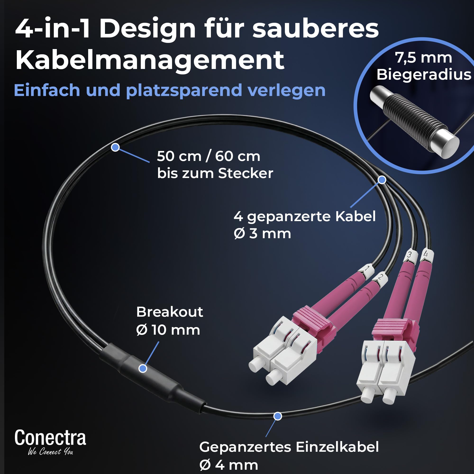 40m Câble Fibre Optique Blindé 4 Brins OM4 LC/UPC ⌀4mm | Multimode 50/125µm, Jarretière Rallonge Cordon, Breakout sans Épissures, Intérieur/Extérieur, Noire, LSZH