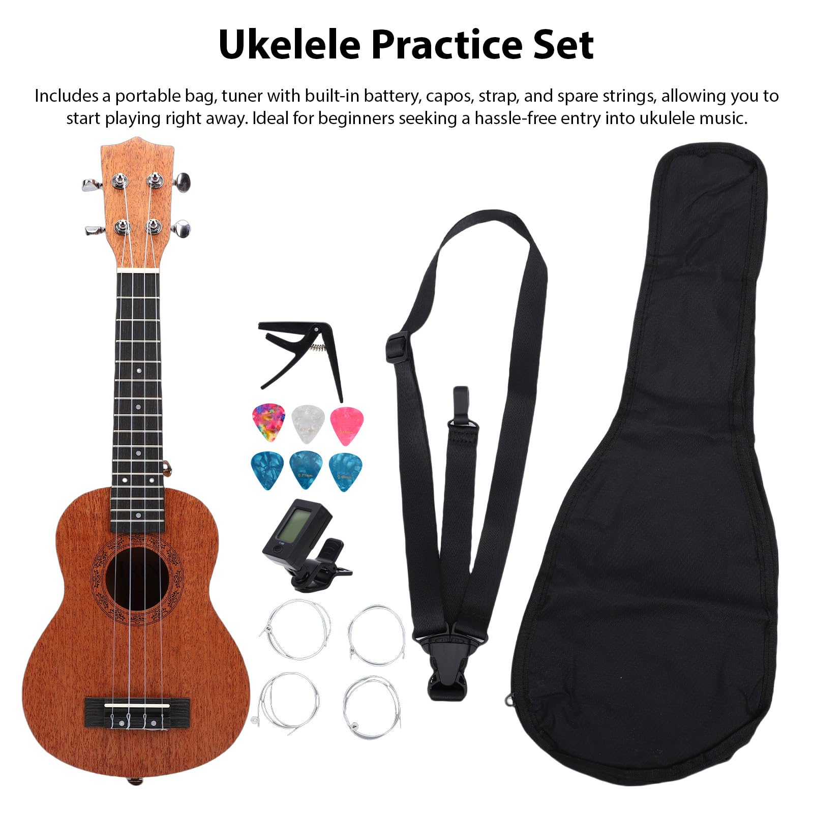 Dilwe Ukulele, Kit per Principianti in Legno di Pesca da 21 Pollici con Tracolla per Accordatore, Borsa per Plettri, Ukulele a 4 Corde per Adulti e Bambini