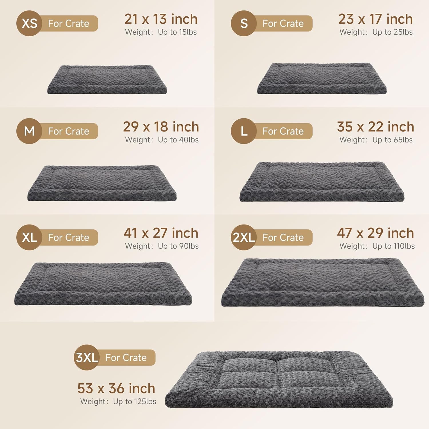 Washable Dog Bed Mat Soft Dog Crate Pad Fluffy Pet Kennel Beds Sleeping Mattress with Non-Slip Bottom for Extra Large Jumbo Medium Small Dogs, 53 x 36 Inch, Grey