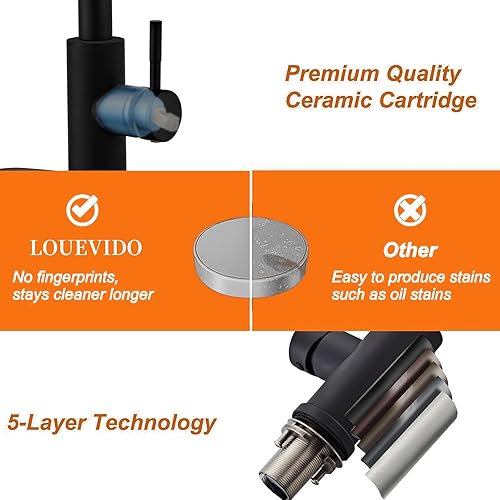 Miniatura 3 de Grifo de cocina negro con rociador extraíble, placa de fregadero de una sola manija de arco alto, grifos comerciales modernos de acero inoxidable