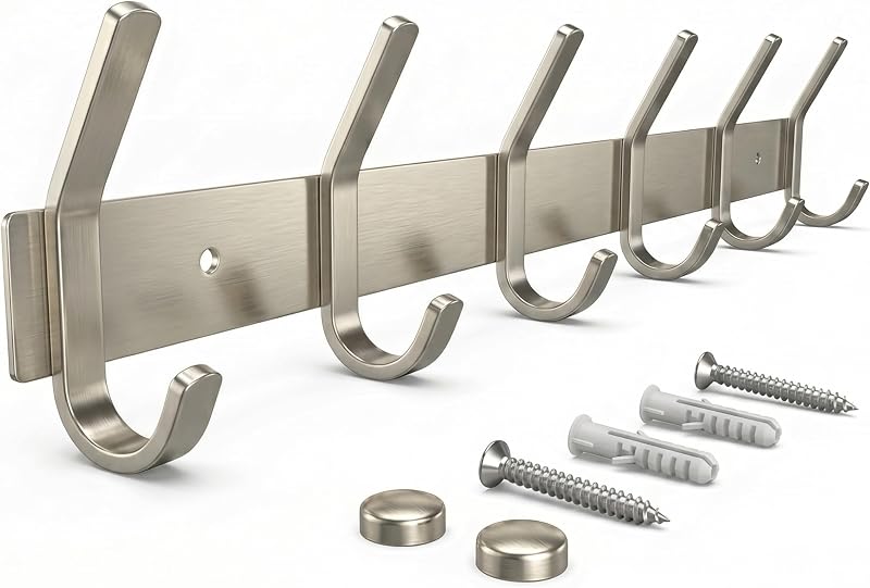Coat Rack Wall Mount – Brushed Nickel 17 Inch Stainless Steel Hook Rail with 6 Heavy Duty Double Coat Hooks – Wall Mounted Coat Hanger for Entryway, Bathroom, Bedroom, Towel, Hat Organizer