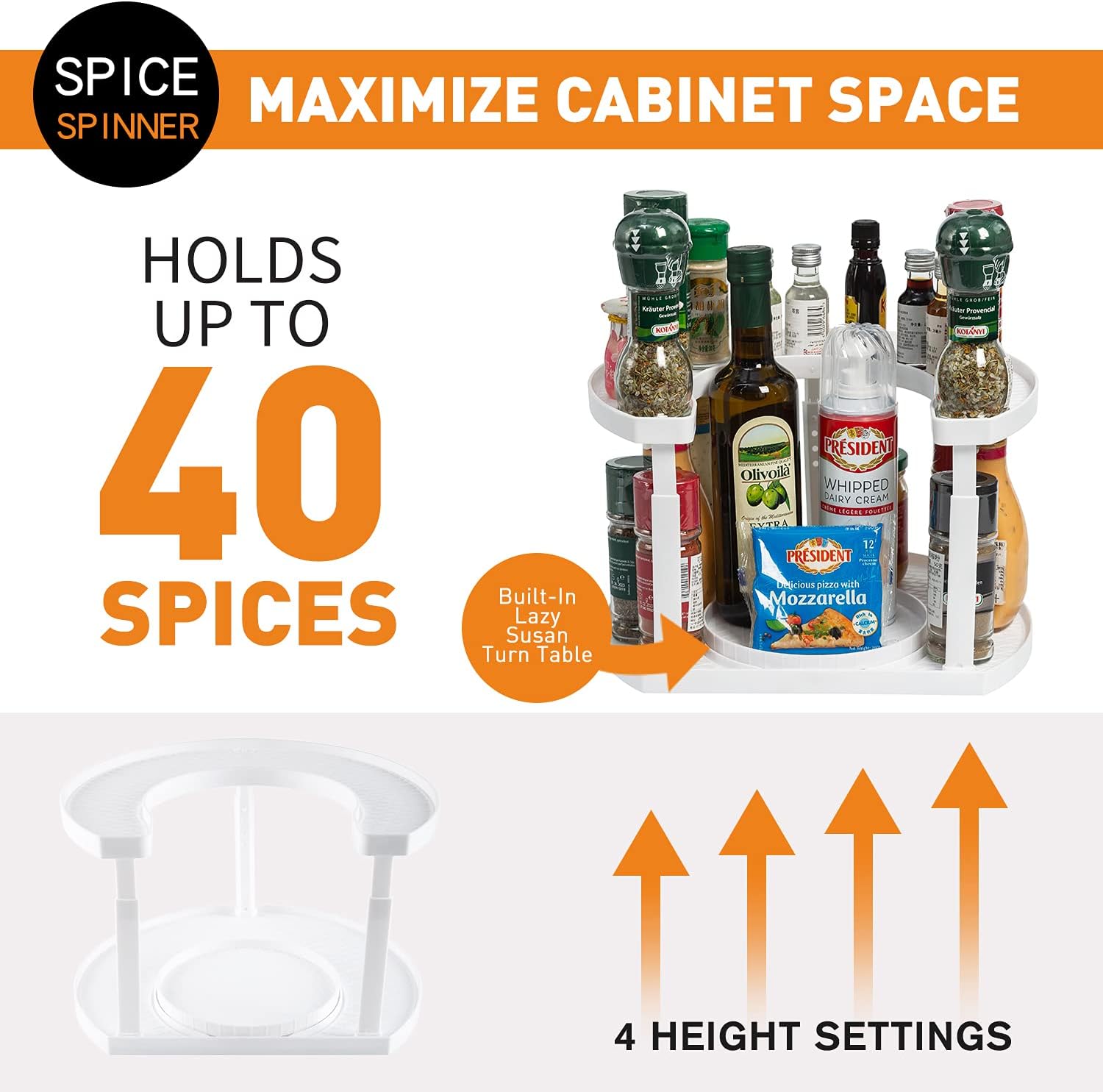 Aeakey Spice Rack storage,Spice Spinner Two- Tiered Lazy Susan Turntable Spice Rack Organizer Rotating Spice Holder For Cabinet And Storage,Holder That Saves Space,Height Adjustable,Fridge,Closet,Kitchen Countertop (White)
