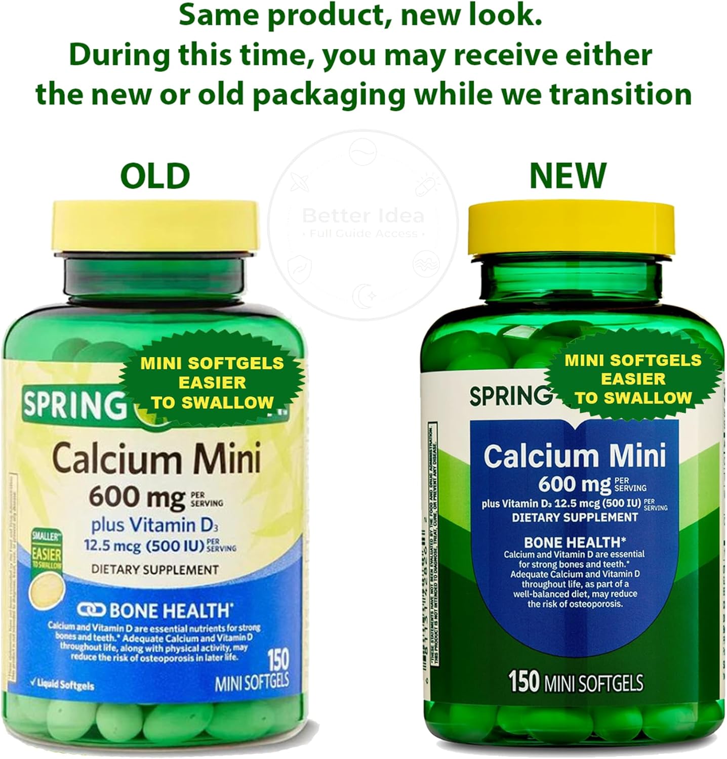 Spring Calcium Plus Vitamin D3 150 Mini Softgels | Calcium Supplement | Easier to Swallow | CaIcium 600 mg with Vitamin d3 | 150 Mini Softgels + Better Idea Sticker with Full Guide Access