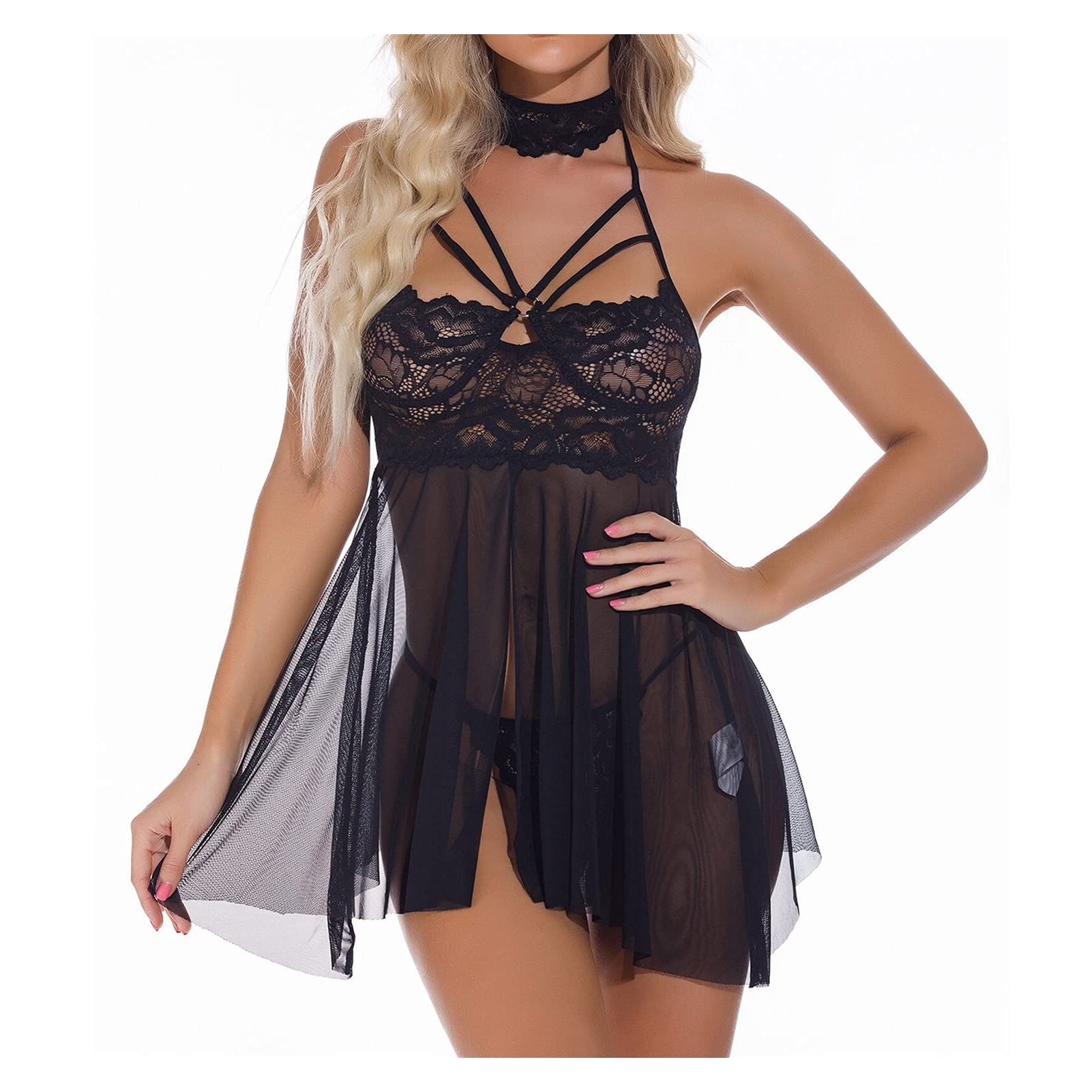 Lencería para mujer Conjunto de lencería con liga de malla transparente con encaje floral Camisón con cuello en V para mujer con tanga Traje para el hogar (Color: Rood, Tamaño: 2XL) (Zwart M)