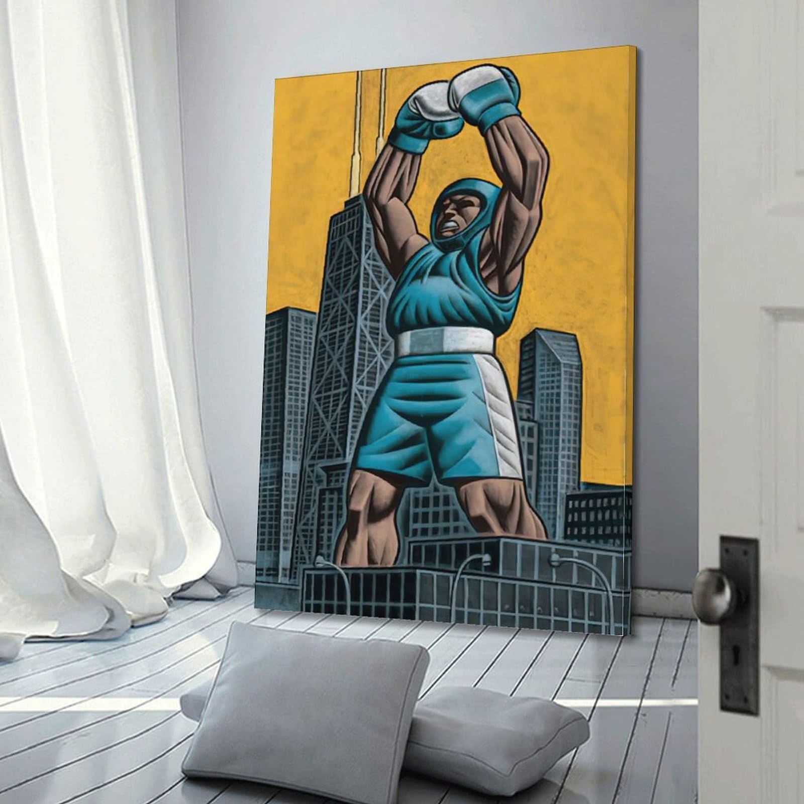 WIZIGM Impression sur toile style bande dessinée avec cadre - Style sportif - Boxer célébrant sur un gratte-ciel - Décoration murale moderne - 40 x 60 cm