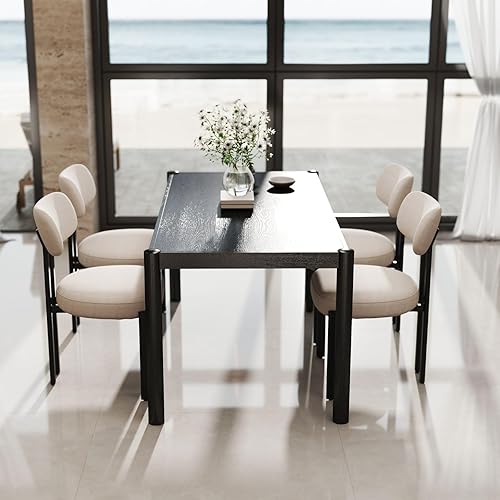 Miniatura 8 de LukeAlon Mesa de comedor de madera negra para 4 a 6 personas, mesa larga de cocina moderna de 64 pulgadas con patas de madera, mesas de comedor