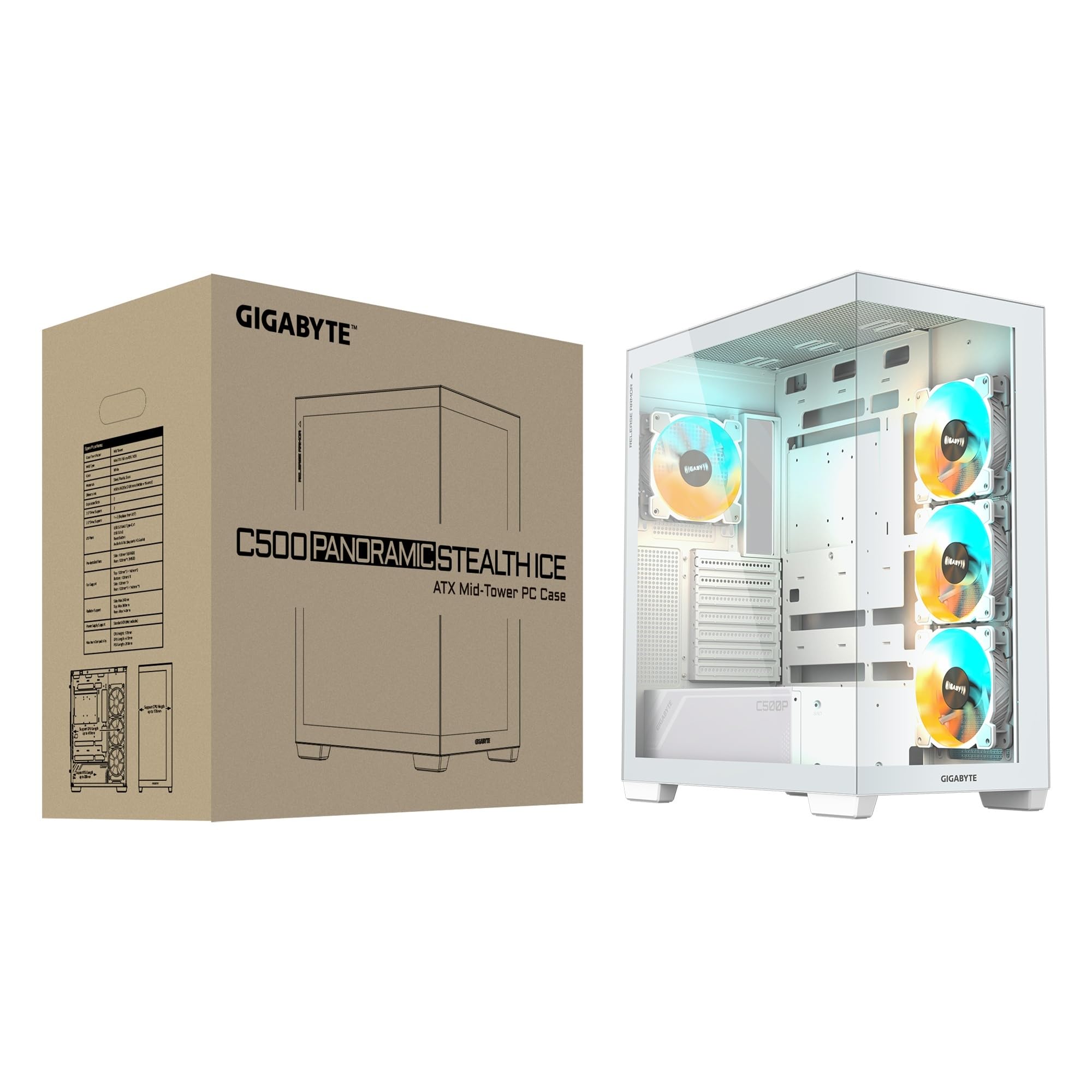 Gigabyte C500 Panoramic Stealth ATX Mid Tower - Carcasa de PC de Vidrio Templado RGB Fusion - Negro - GB-C500P ST