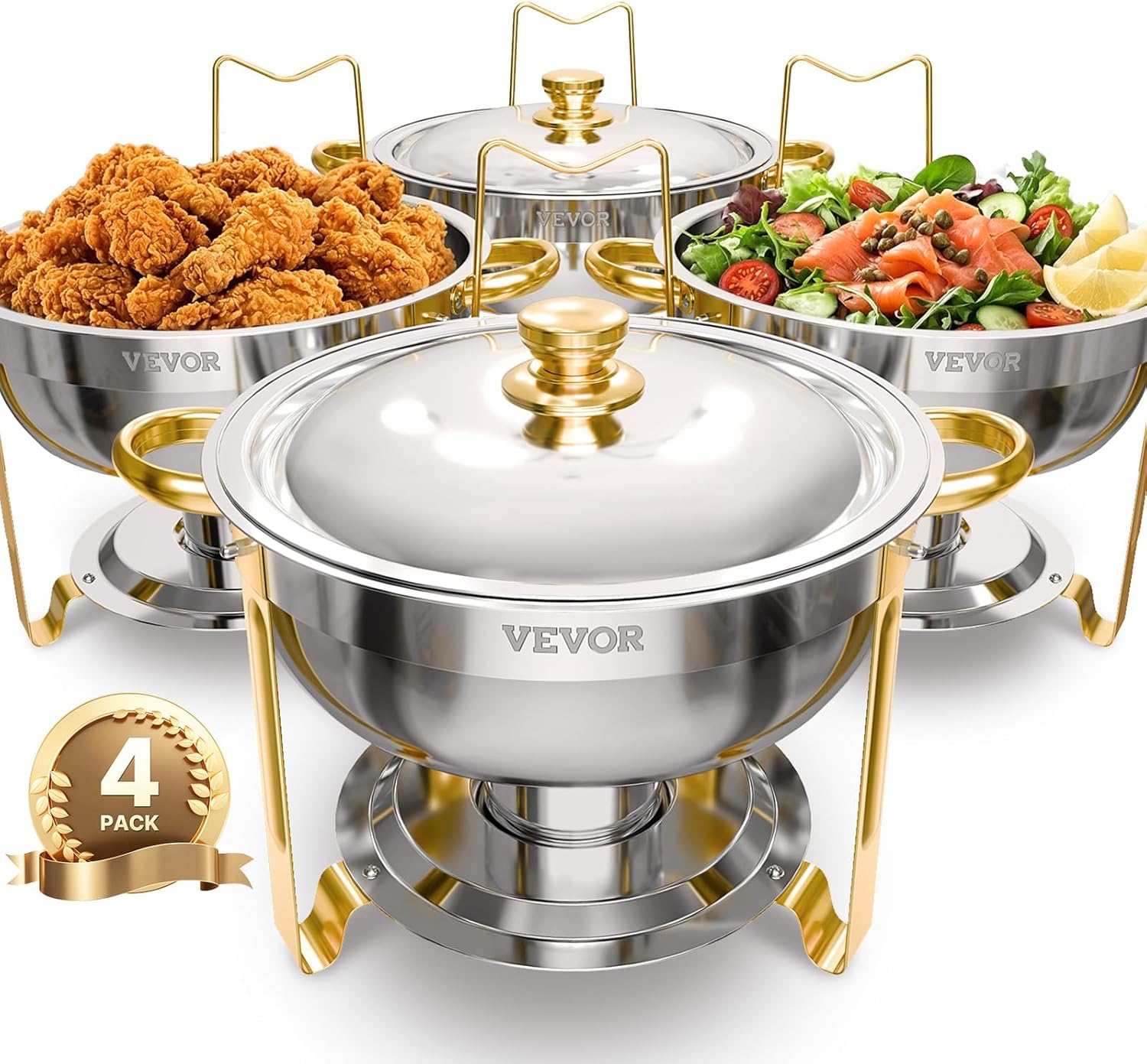 VEVOR Chafing Dish Buffet Set, 5 Qt 4 Pack, Stainless Steel Chafer with 4 Full Size Pans, Round Catering Warmer Server with Lid Water Pan Folding Stand Clip, for Weddings Parties Banquets, G
