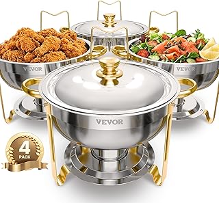 VEVOR Chafing Dish Buffet Speisenwärmer mit 4 Behältern in voller Größe (4,7 L pro), runder Catering-Wärmespender mit Deckel & Wasserpfanne & klappbarer Ständer, für Hochzeiten Partys Golden