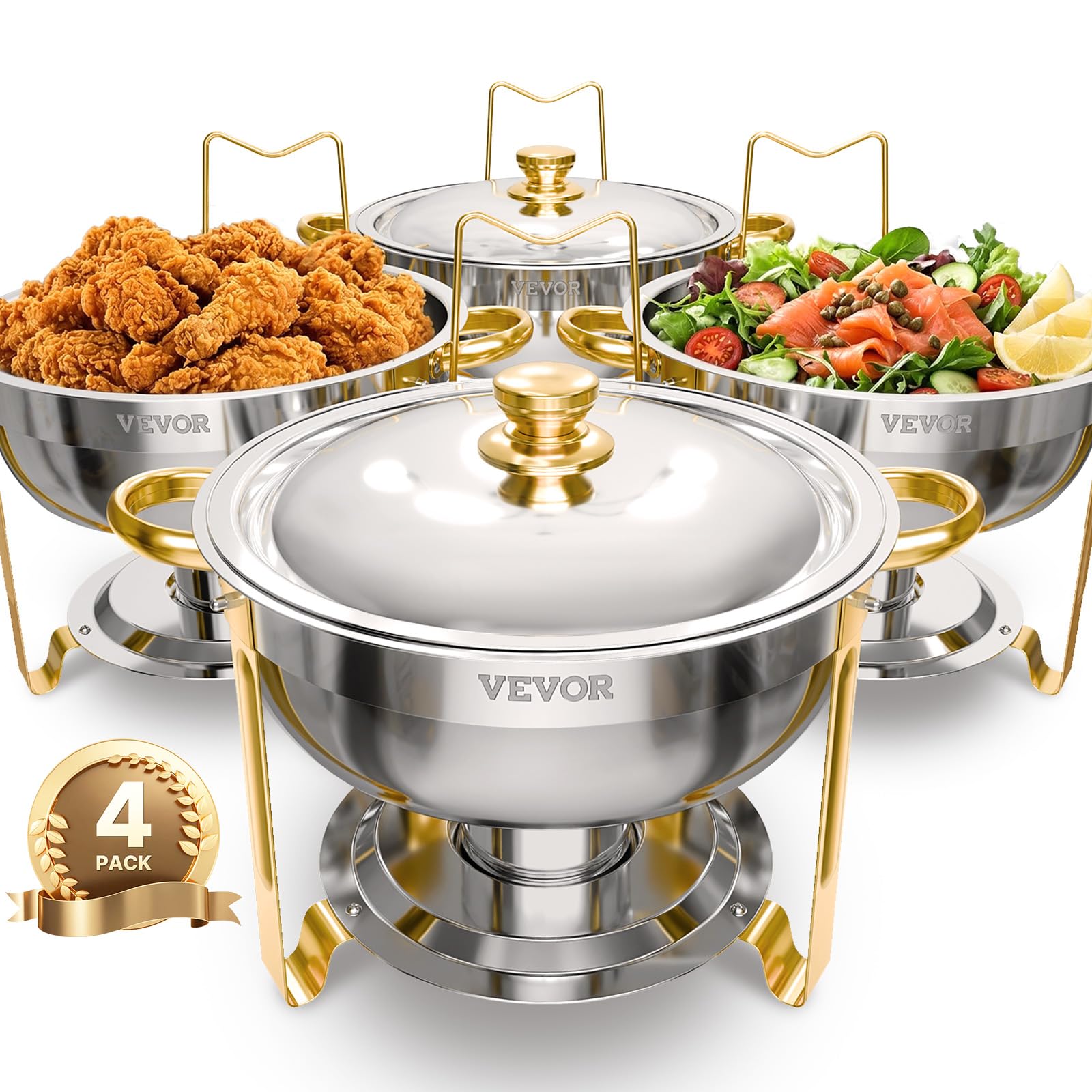 VEVOR Chauffe-​Plat 4PCs 4,​6 L, Buffet Chauffant Rond, Réchaud en Acier Inoxydable, avec 4 Bacs Pleine Grandeur, Couvercle et Pince, pour Buffet Libre-​Service Banquet Hôtel Traiteur Restauration