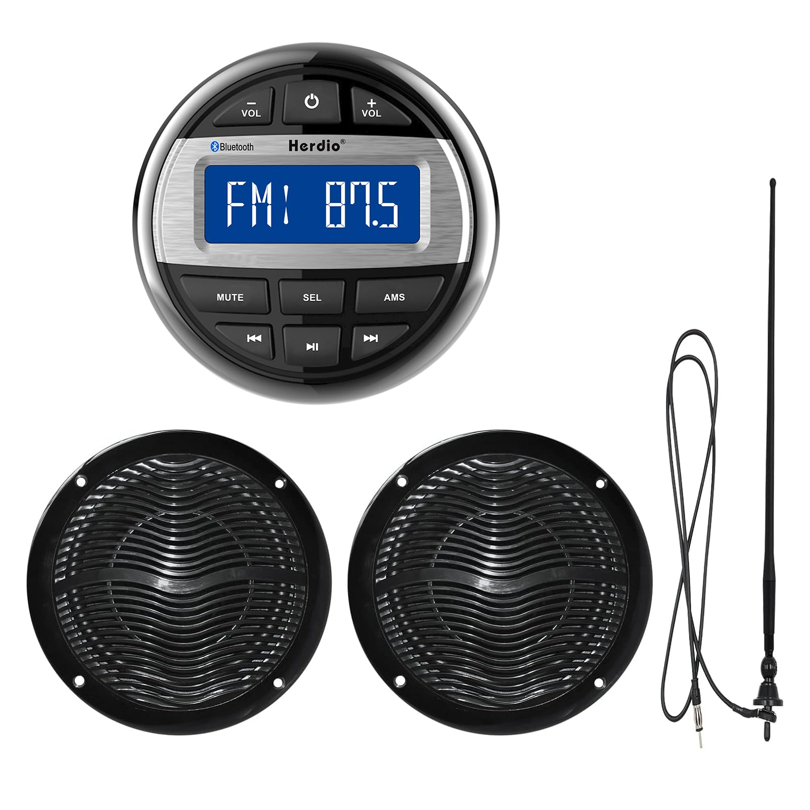 Herdio Marine Radio and Speakers Set Compatible with Bluetooth, Marine Gauge Head Unit+6.5 Inch Marine Flush Wall Mount Ceiling Speakers+Rubber Flexible Mast FM AM Antenna-image-29