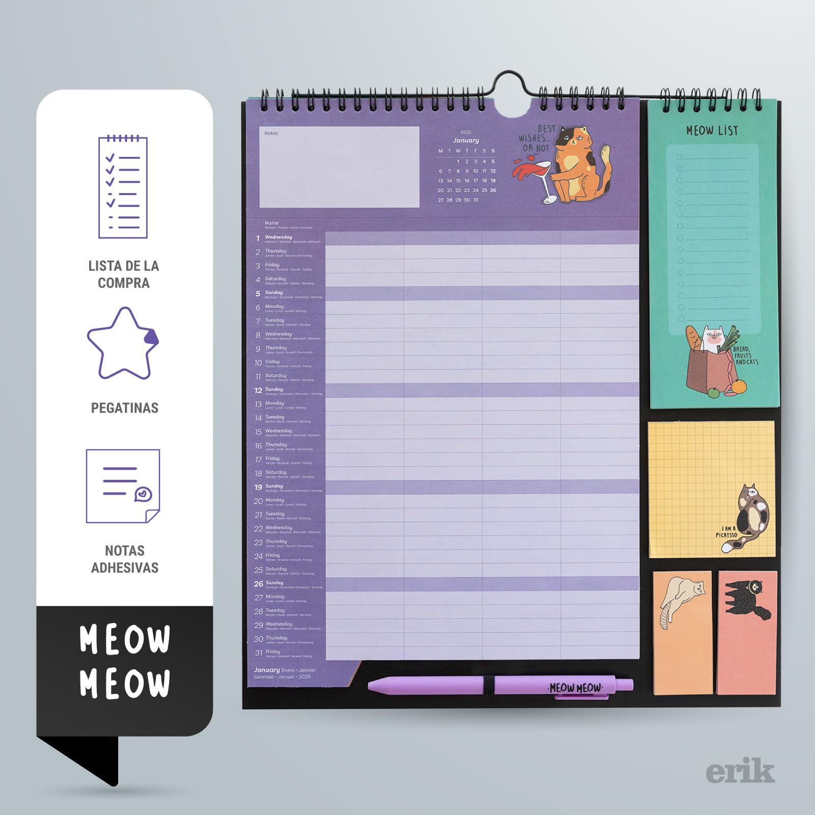 Calendario Pared 2025 Pusheen | 16 Meses (Sep 2024 - Dic 2025) | Planner Familiar Mensual Kawaii | Incluye Pegatinas, Notas Y Bolígrafo