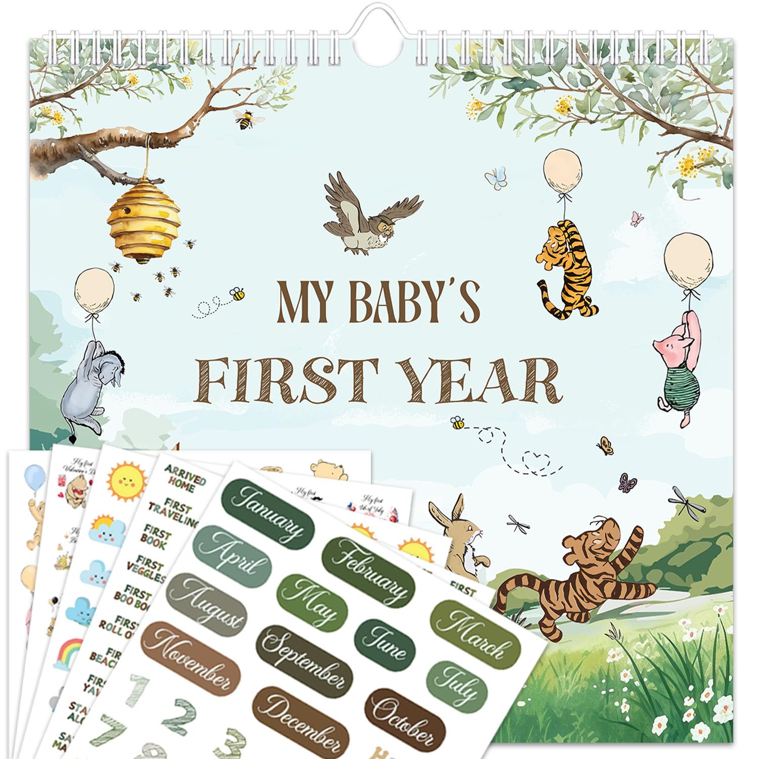 Babykalender Erstes Jahr mit Aufklebern, Winnie Baby Erstes Jahr Erinnerungsbuch, Baby Meilenstein-Kalender, Baby erstes Jahr Andenken Buch, Baby Ultraschall Foto Erinnerungsbuch, Babyparty Gästebuch