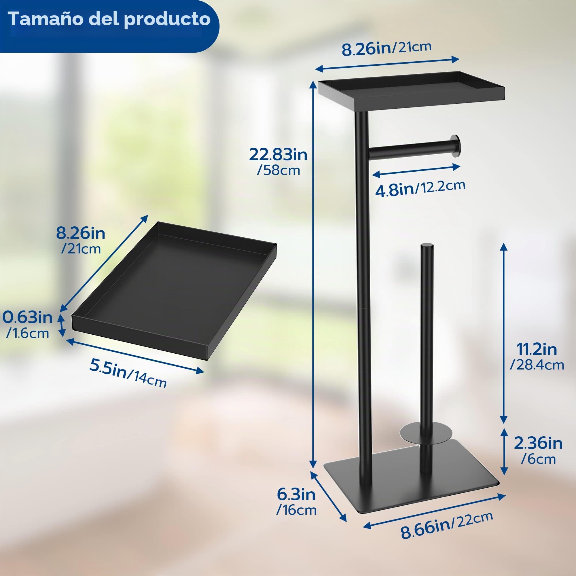Susswiff Portarrollos de Papel higiénico Independiente con Estante de Almacenamiento Superior, Soporte de Papel higiénico Negro, Almacenamiento de 4 Rollos de Reserva