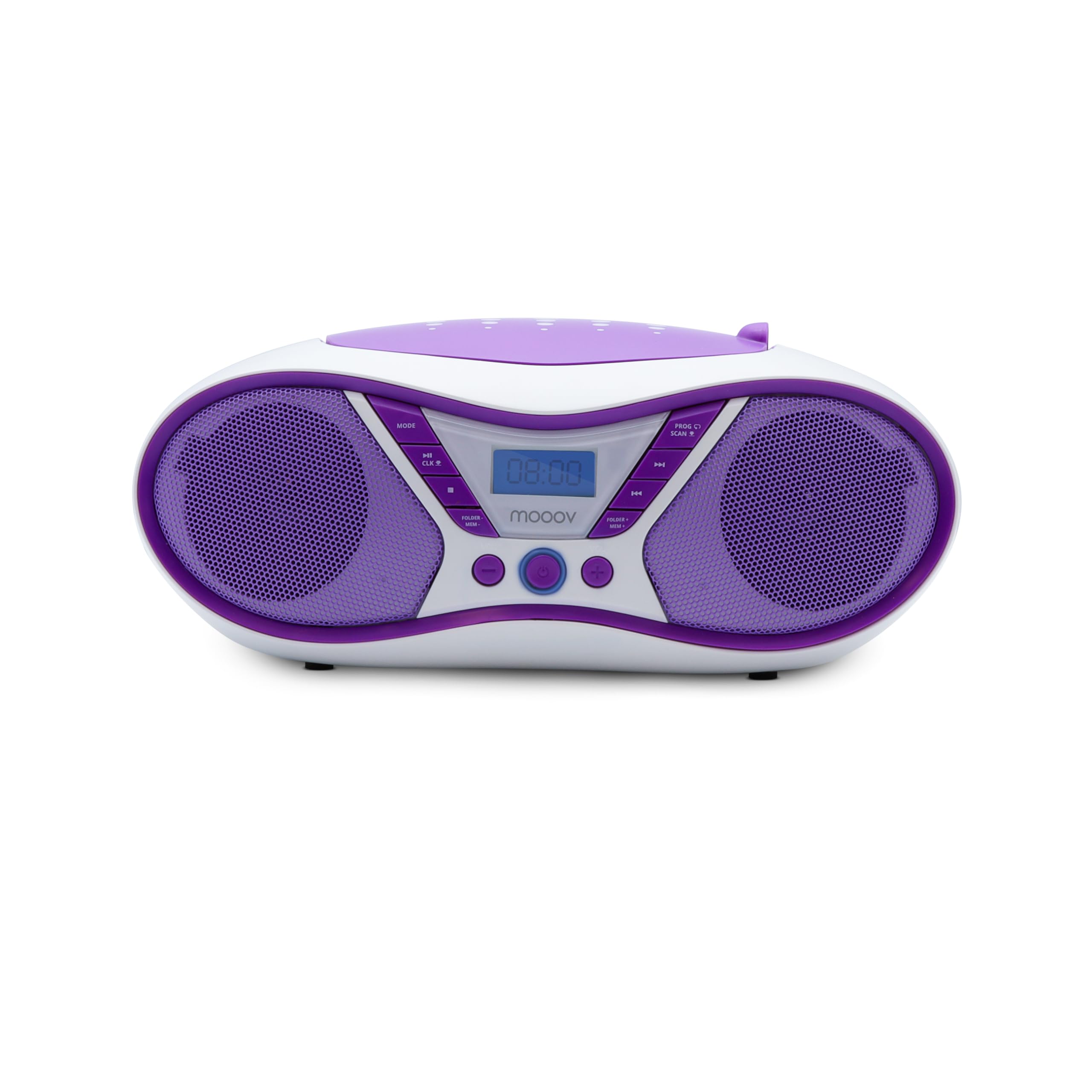 MOOOV 477404 Tragbarer CD-Player mit Radio, USB, Lautsprecher - Mini Kofferradio für Kinder & Senioren, Retro Design, MP3 - Ideal für Küche & Kinderzimmer - Netzbetrieb oder Batterien - Lila