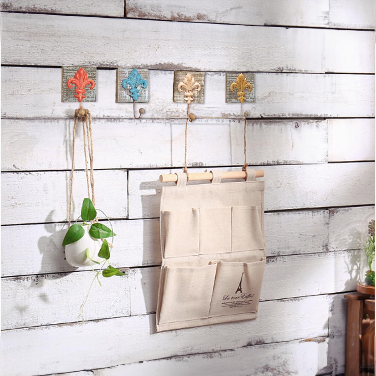 Toallero 4 Piezas Ganchos de Pared Ganchos para Abrigos Lirio Rústico Ganchos para Abrigos de Hierro de Madera Ganchos para Toallas de Casa de Campo Decoración de Pared Shabby Chic Ganchos
