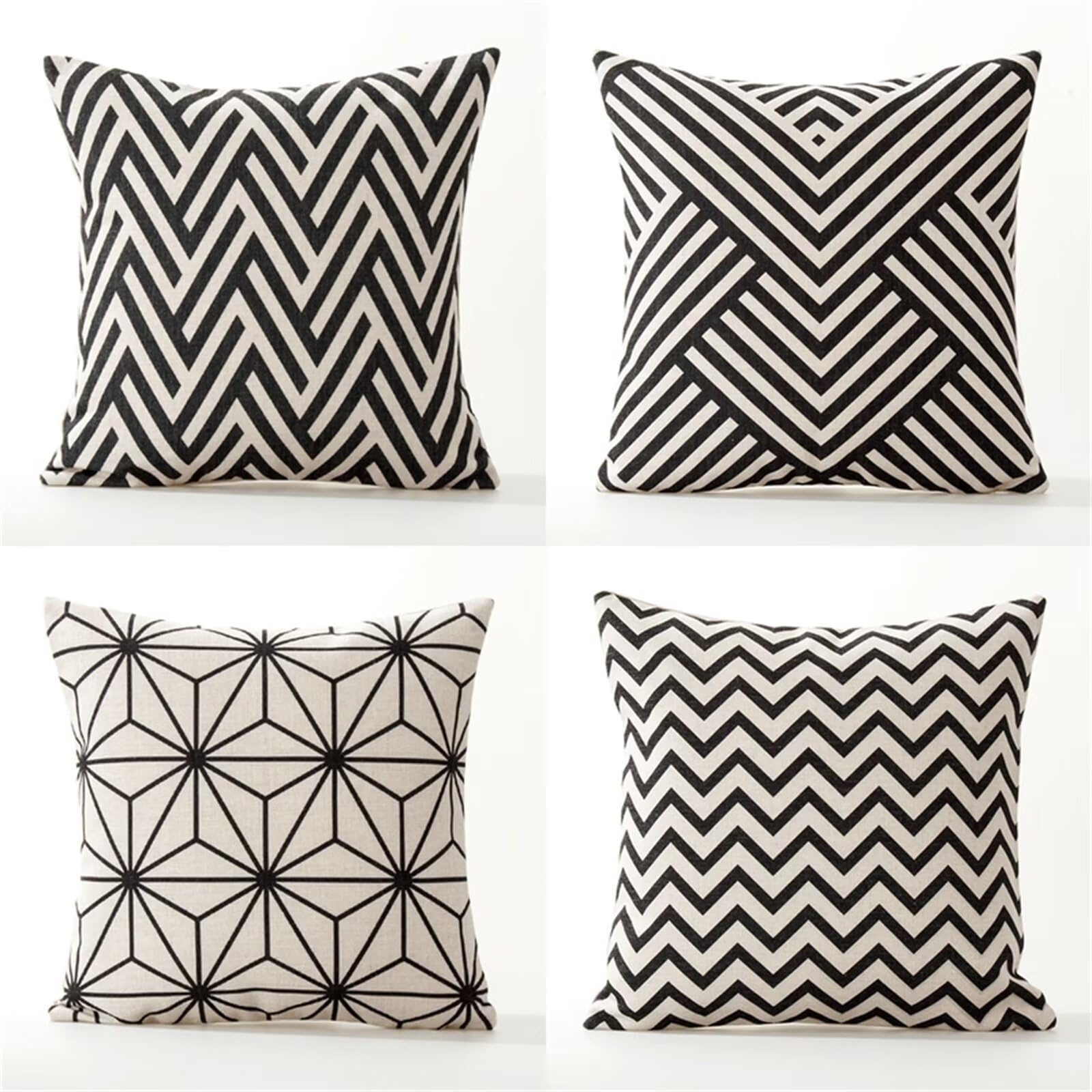 Poszewki na poduszki 50 x 50 cm, zestaw 4 sztuk w stylu boho, czarno-białe, geometryczne wzory, dekoracyjne poszewki na poduszki, lniana kwadratowa poszewka na poduszkę na sofę, 50 x 50 cm, na kanapę, do sypialni, domu, biura, samochodu, dekoracja ML-95