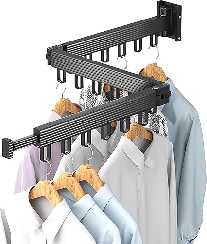 Miniatura 9 de Percha de ropa plegable de tres pliegues montada en la pared estante de secado de ropa retráctil, ahorro de espacio para baño, balcón, vestíbulo,