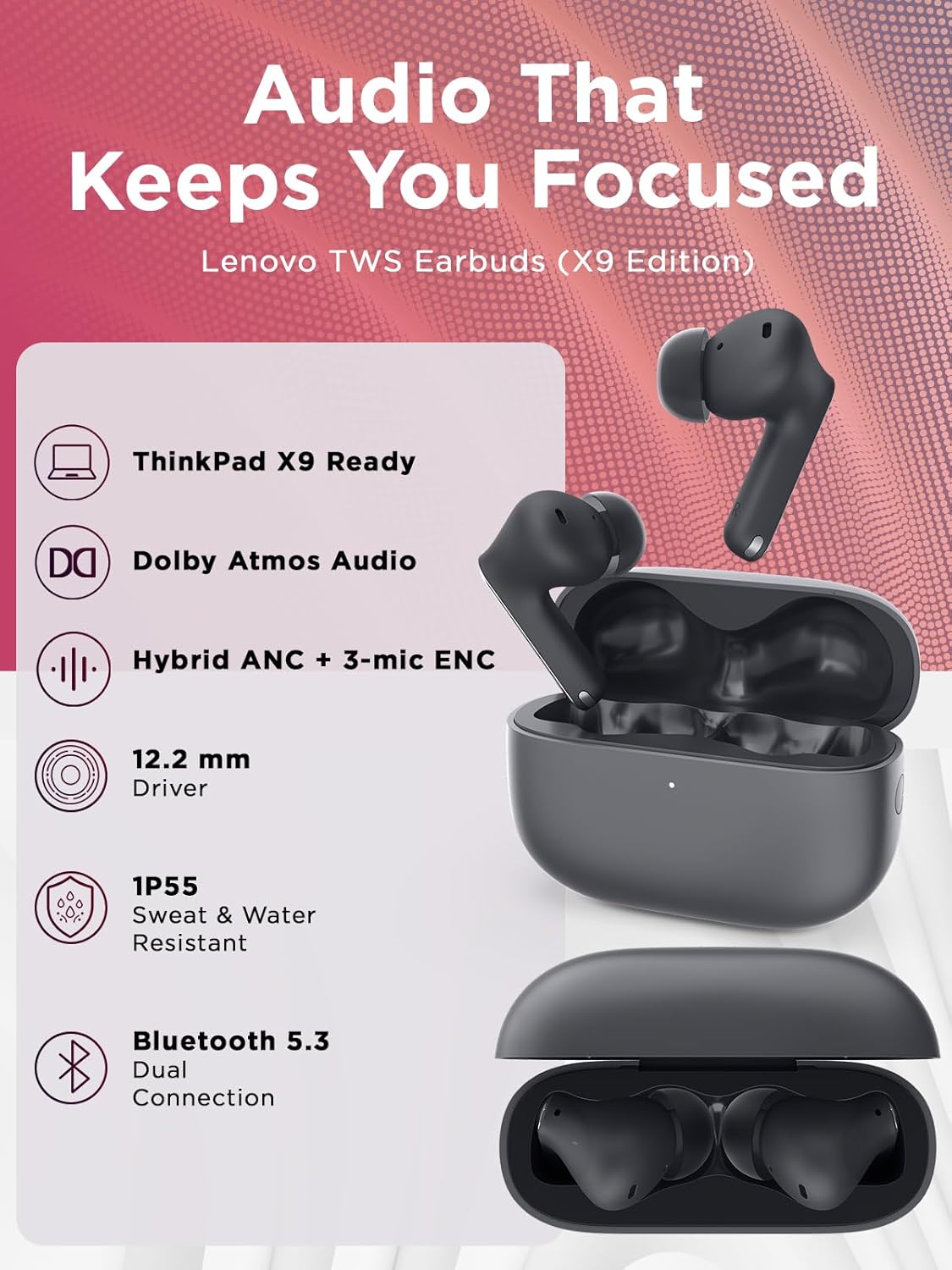 Lenovo TWS Earbuds – True Wireless Earbuds with Active Noise Cancellation, Dolby Atmos Sound, 3 Mic ENC, IP55, Thunder Grey, цвет: Серый — фото 2