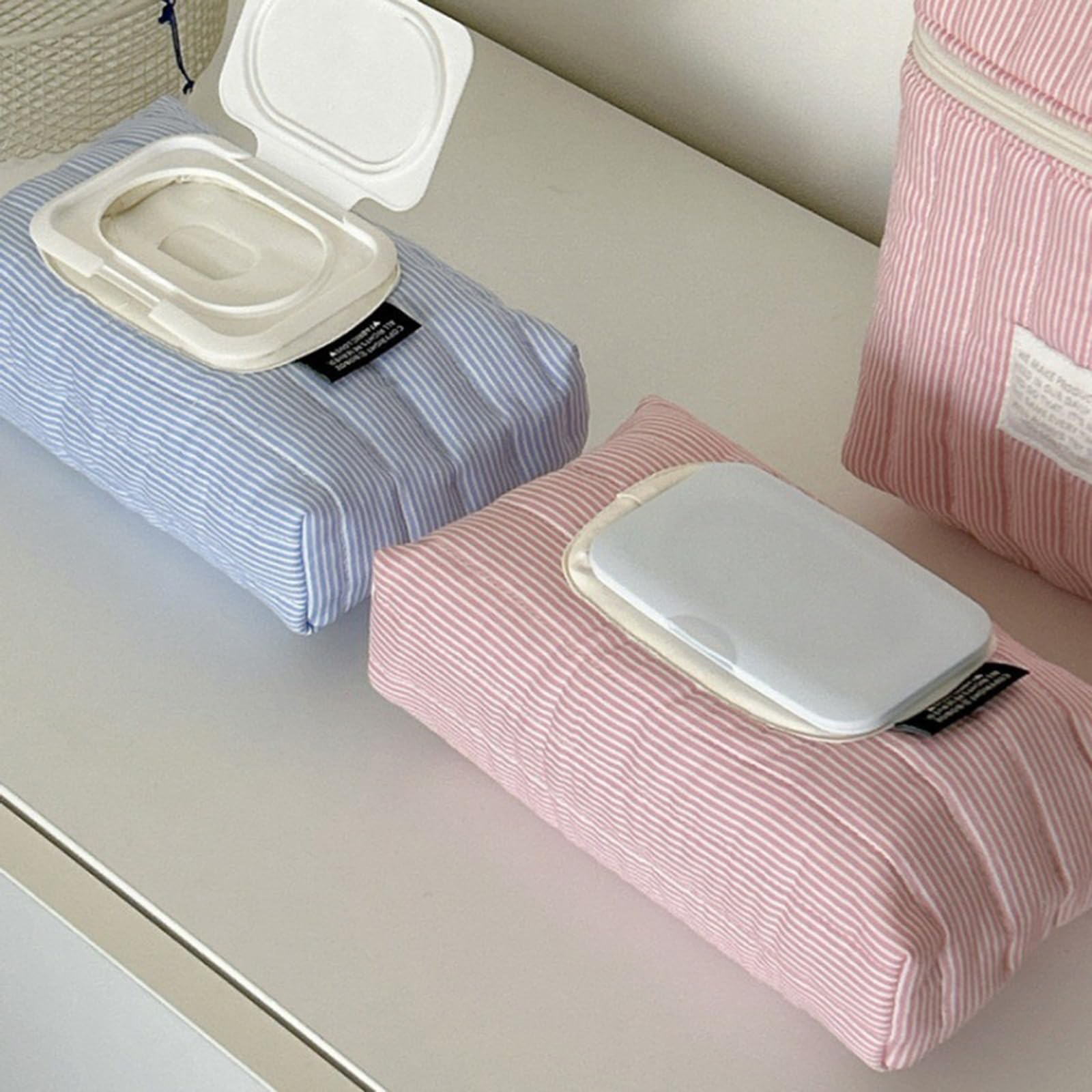 Cotton Striped Quilted Wet Wipes Dispenser, Portable Reusable Wet Tissue Case, Waterproof Wipes Storage Pouch for Travel, Car, Office & Home, Baby Care Accessory for Moms and Parents — view 5