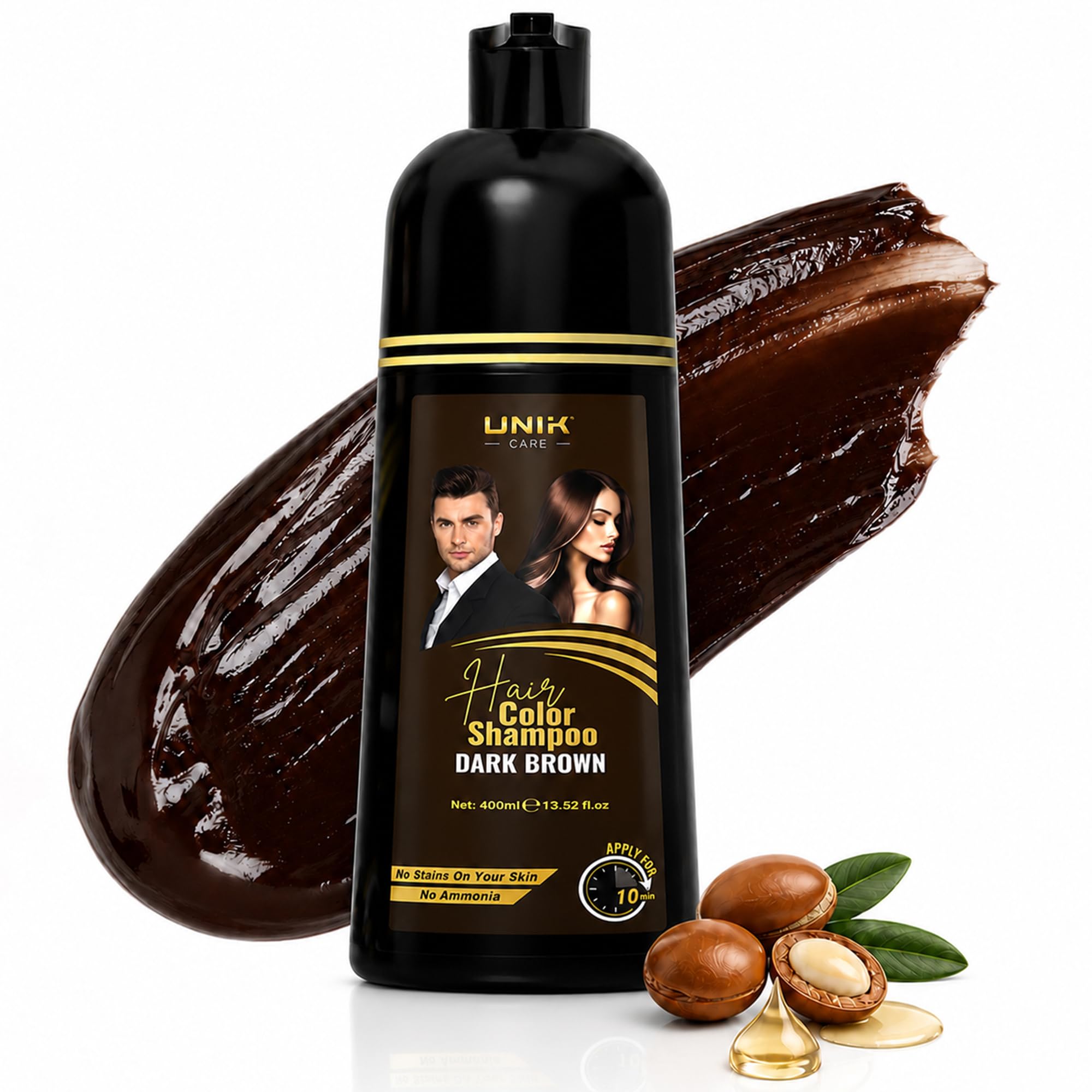UNIK Care Brown Hair Dye Shampoo 400ml– Instant Grey Coverage, Ammonia Free