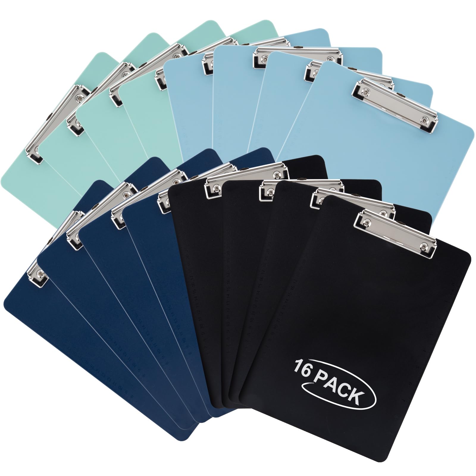 Lot de 16 planchettes à pince en plastique avec clip à profil bas, porte-bloc à suspendre en vrac, peut contenir 100 feuilles, porte-bloc A4 standard pour enseignants, étudiants, école