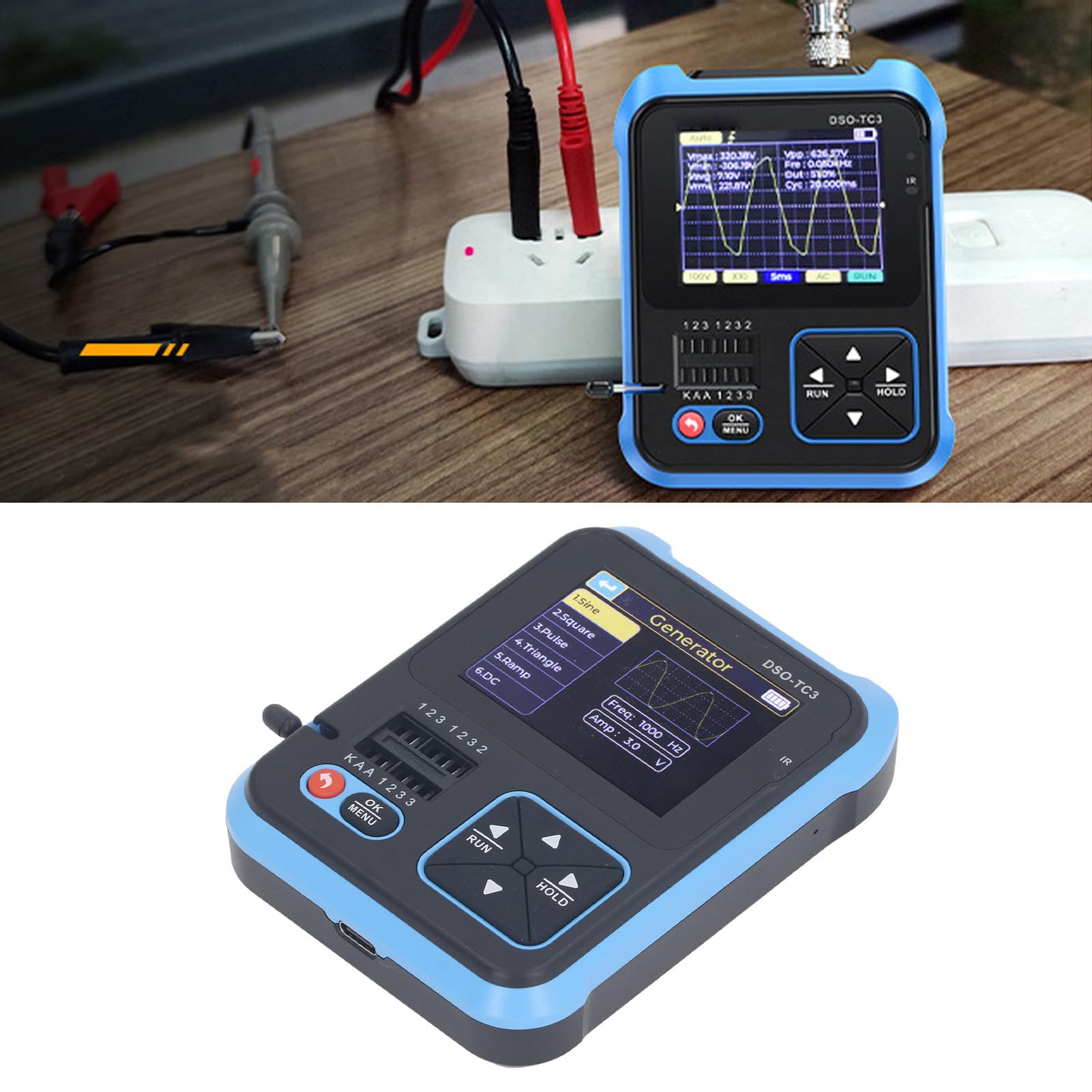 Duokon Osciloscopio DSO TC3, Osciloscopio Portátil 3 en 1, Probador de Componentes Digitales ABS y Generador de Funciones, 500 KHz 10 S, para Estudiantes Ingenieros Reparación de Laboratorio