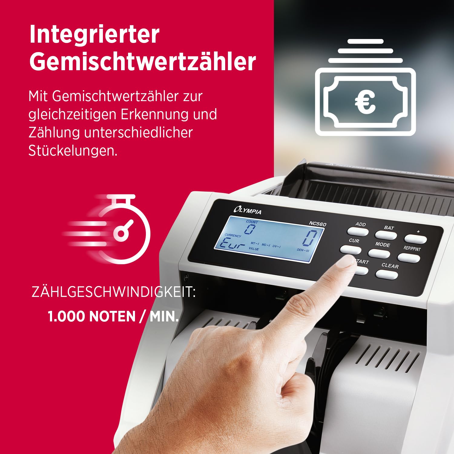 Olympia NC 560 Geldzählmaschine für Scheine | Gemischtwertzähler für unsortierte Banknoten | Banknotenzähler mit Falschgeld Prüfer | LCD Display | Geldscheinprüfgerät | 1000 Noten/Min | Geldzähler
