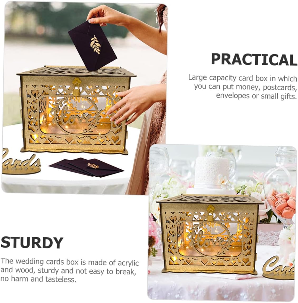 COHEALI Wooden Hollow Greeting Card Box Glitter Decorative Envelope Holder Portable Blessing Card Container for Wedding Anniversary Birthday Party