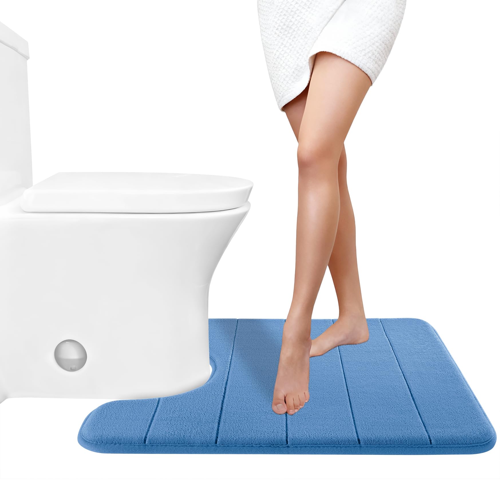 Yimobra Memory Foam Toilet Bath Mat U-Shaped, Soft and Comfortable, Super Water Absorption, Non-Slip, Thick, Machine Wash and Easier to Dry for Bathroom Commode Contour Rug, 24 X 20 Inches, Blue