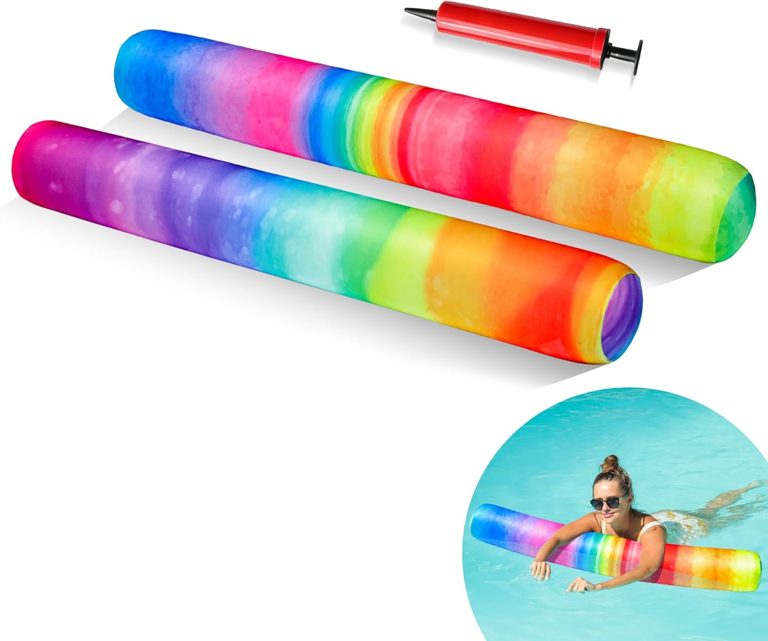 FindUWill Inflatable Swim Pool Noodles, 2 Pack Soft Fabric Covered Large Swim Noodles for Floating, Pool Floats Adult for Pool, Lake, Beach