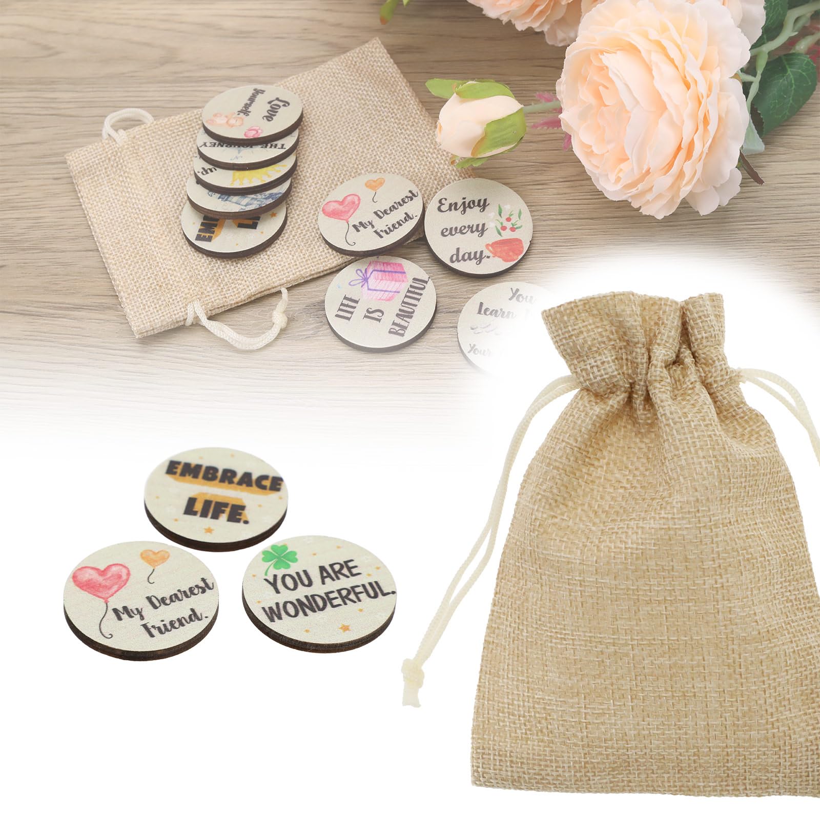 EMSea 24Pcs Lucky Wooden Round Motivation Charms Set including Inspirational Sayings and Colourful Patterns Inspiring Decoration for Friends Colleagues Children English - Image 3