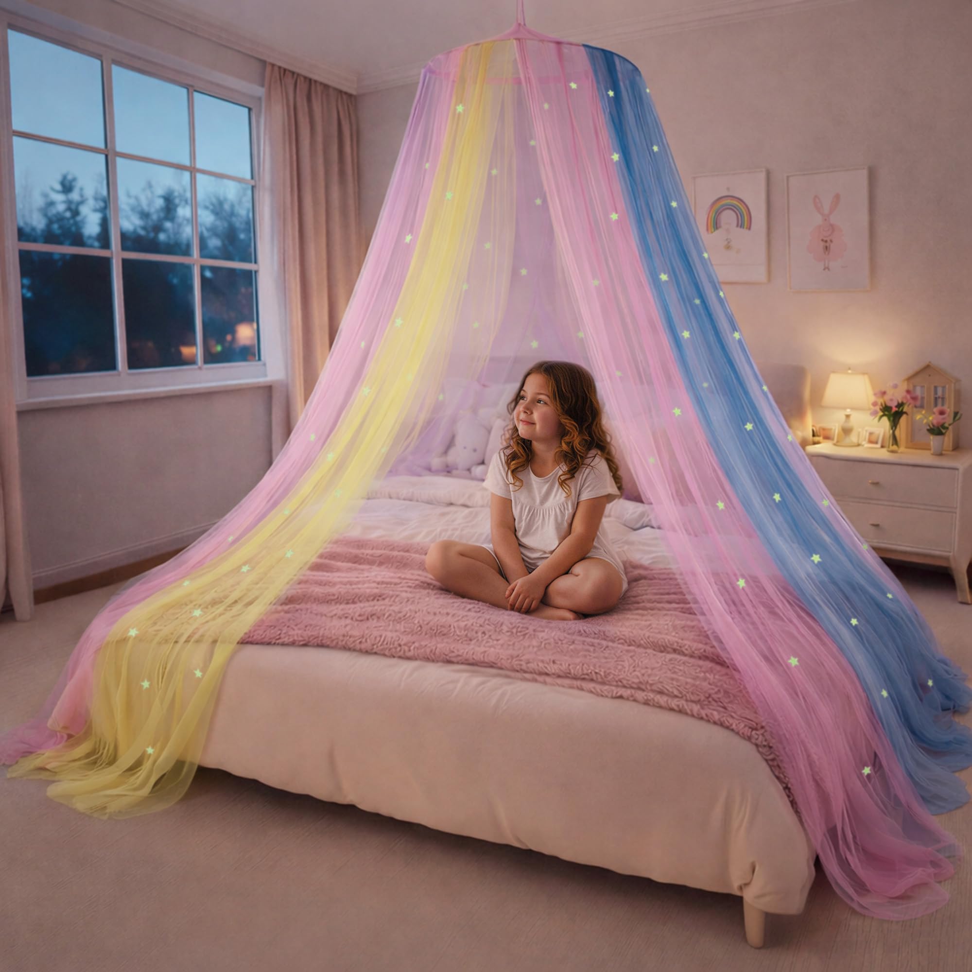 Bollepo Bed Canopy for Girls with Glowing Stars - Canopy Bed Curtains | Fits Single, Twin, Full, Queen Size Kids - Princess Bed Canopy | Rainbow Bedroom Accessories, Netting Room Decor, Ceiling Tent