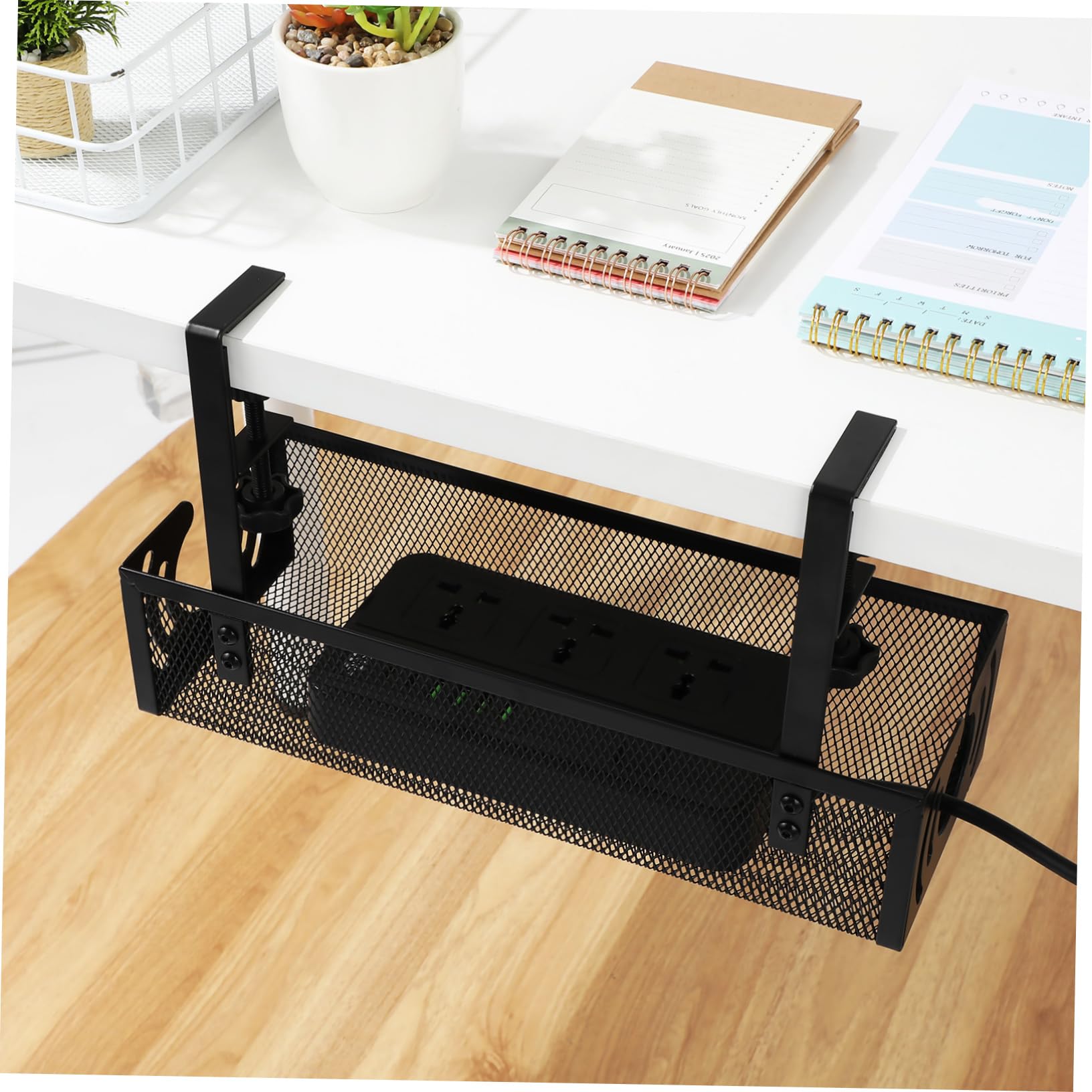 Bandeja de Gestión de Cables Debajo del Escritorio de Hierro Negro | Abrazadera Diseño Inferior, Pad Antideslizante y Tornillo Roscado, Uso Versátil en Casas y Gaming