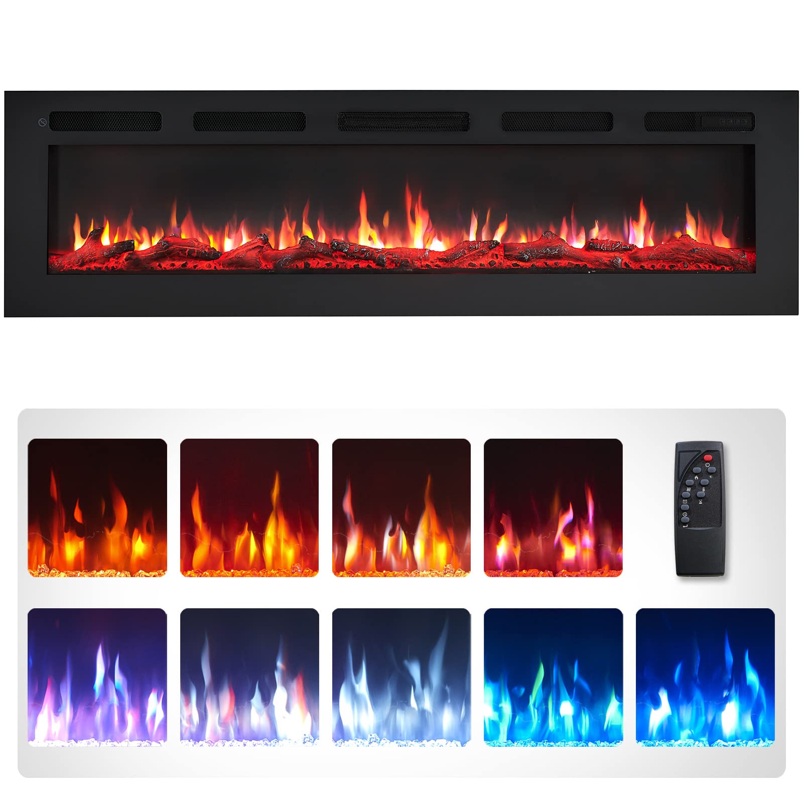 FLAMEKO Wilton 60"/152cm Electric Fireplace, Wall Mounted, Recessed, Logs & Crystals Included, 9 Colour Flame Effect, Media Wall Compatible, 900W - 1800W Heater, Remote