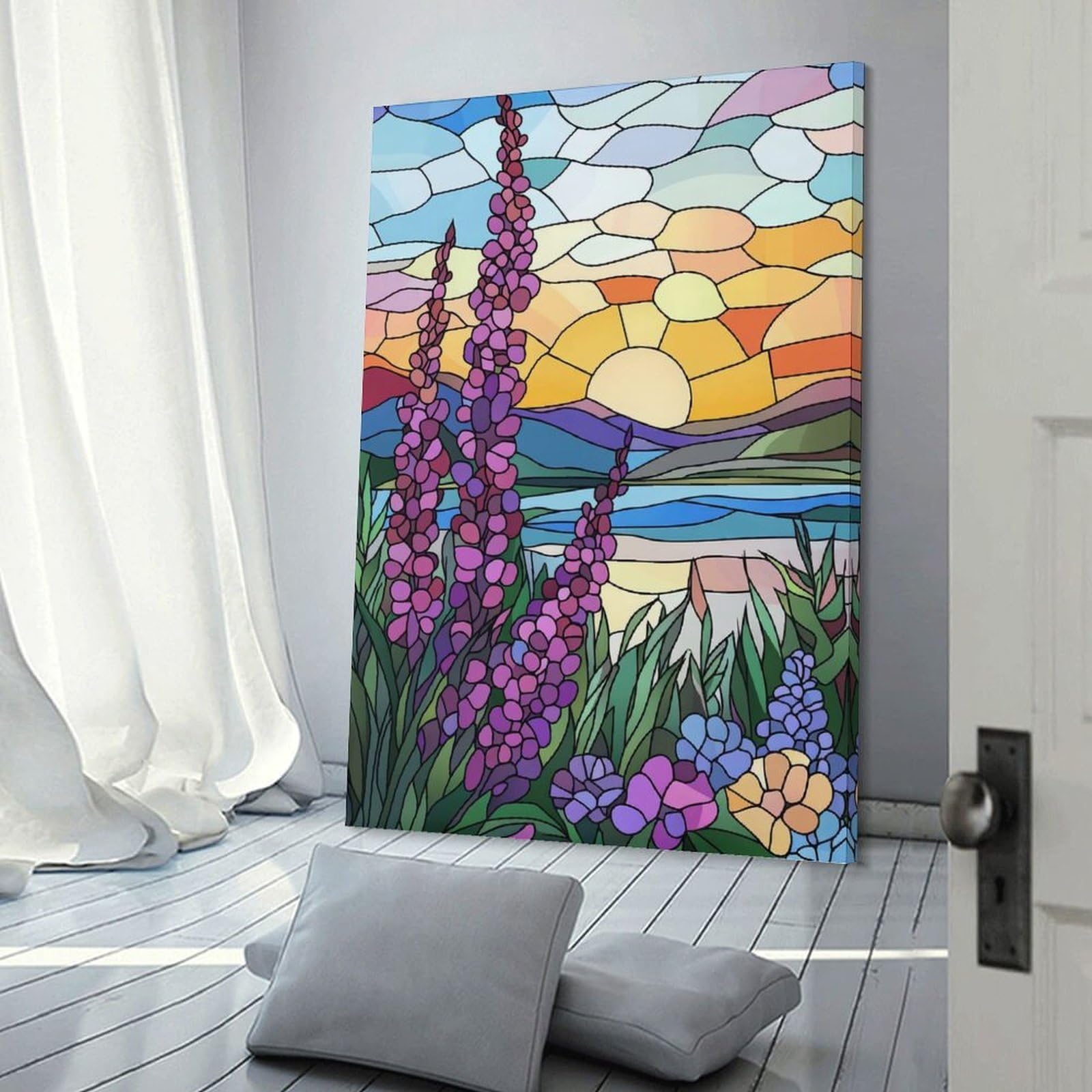 Junmoney Wall Picture Print Sunset Landscape with Flowers, 24x36inch(60x90cm), for Lounge, Bedroom Or Personal Spaces, Canvas Artwork with Gifting Potential