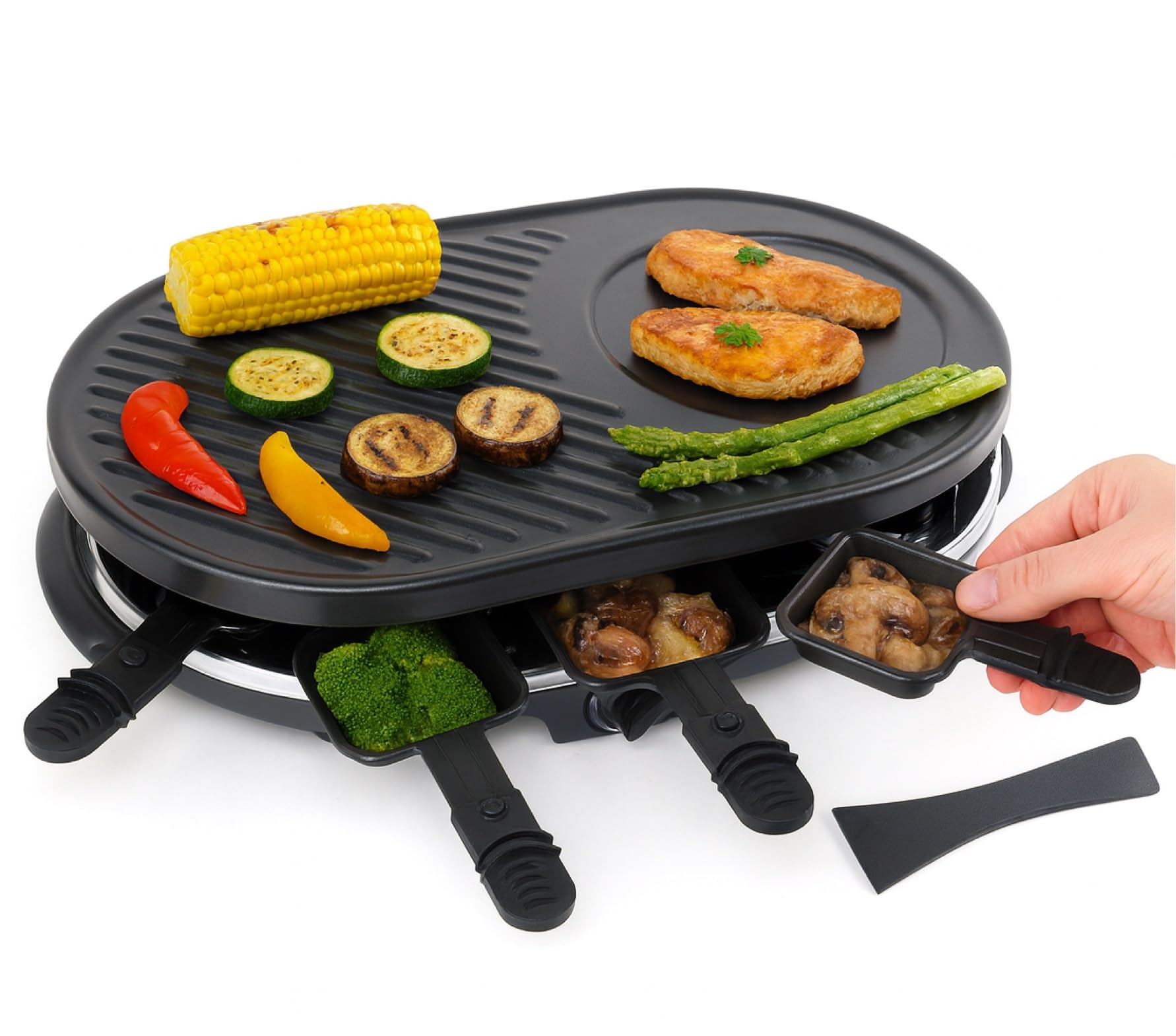 Raclette zestaw dla 8 osób – z grillem stołowym, płytą grillową i funkcją kamiennej płyty – w zestawie patelnia i skrobak – narożny (Okrągły)