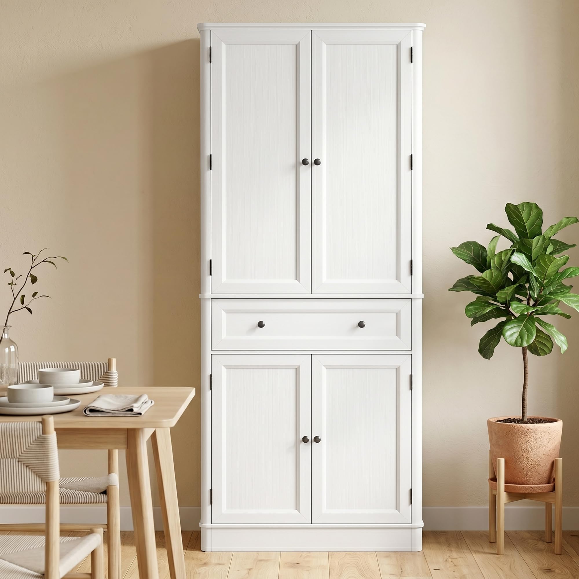 HOMCOM Küchenschrank 186,4 cm Hochschrank Buffetschrank mit 4 Türen, Schublade und verstellbaren Einlegeböden Vorratsschrank für Küche, Esszimmer, Wohnzimmer Weiß, 80 x 39,5 x 186,4 cm