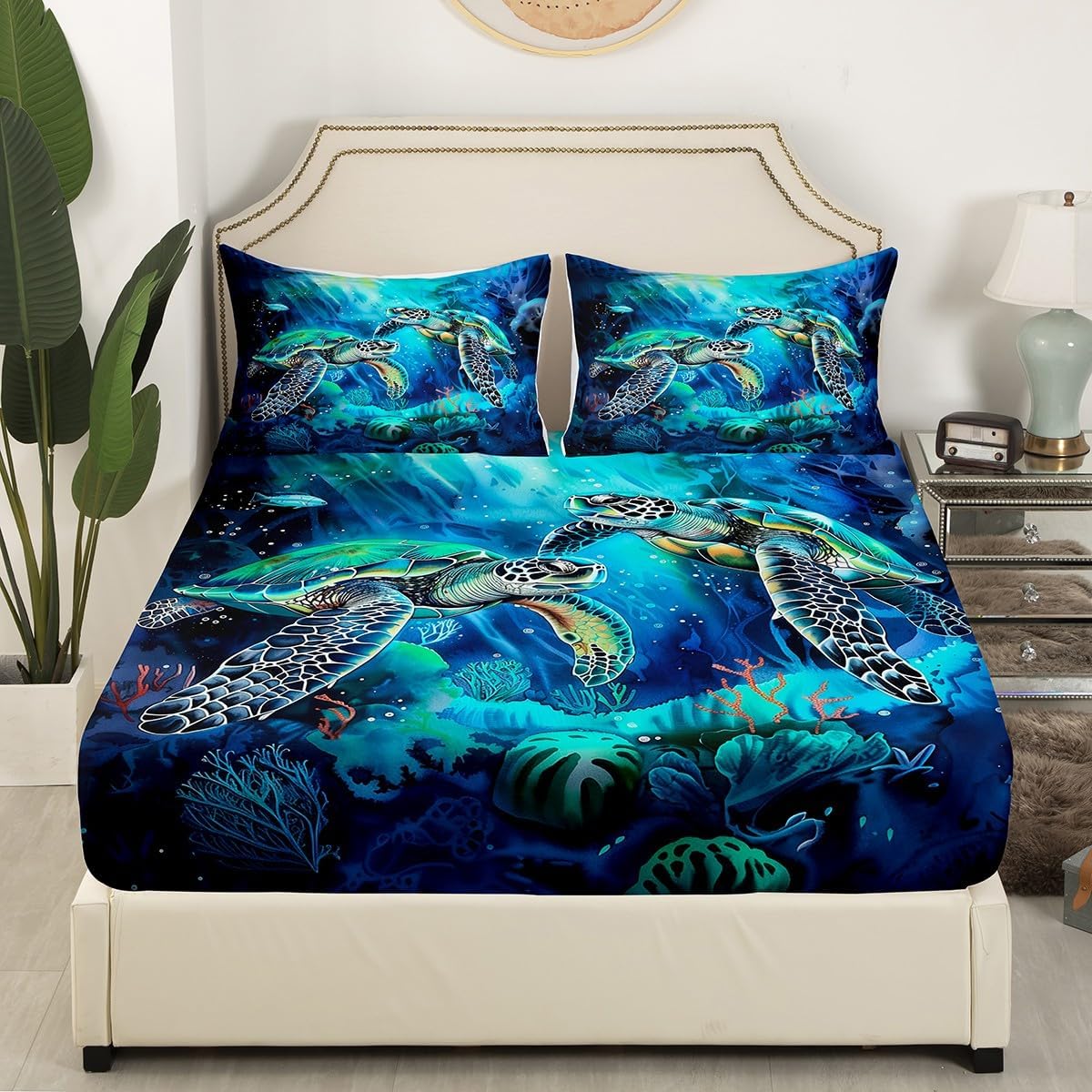 Sea Turtle Fitted Sheet Full Size,Cute Sea Animal Bedding Sets for Kids Girls Boys Teens Adult Room Decor,Colorful Coral Pattern Bed Sheets Blue Green Reversible Deep Pocket Sheet,2 Pillowcases
