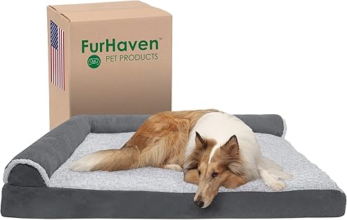 Furhaven - Cama para perro de espuma de gel refrescante, de piel sintética y gamuza, en dos tonos, estilo diván en forma de L, color gris piedra,