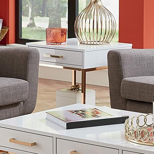 Miniatura 2 de OSP Home Furnishings Mesa auxiliar moderna Alios, acabado blanco brillante y marco dorado