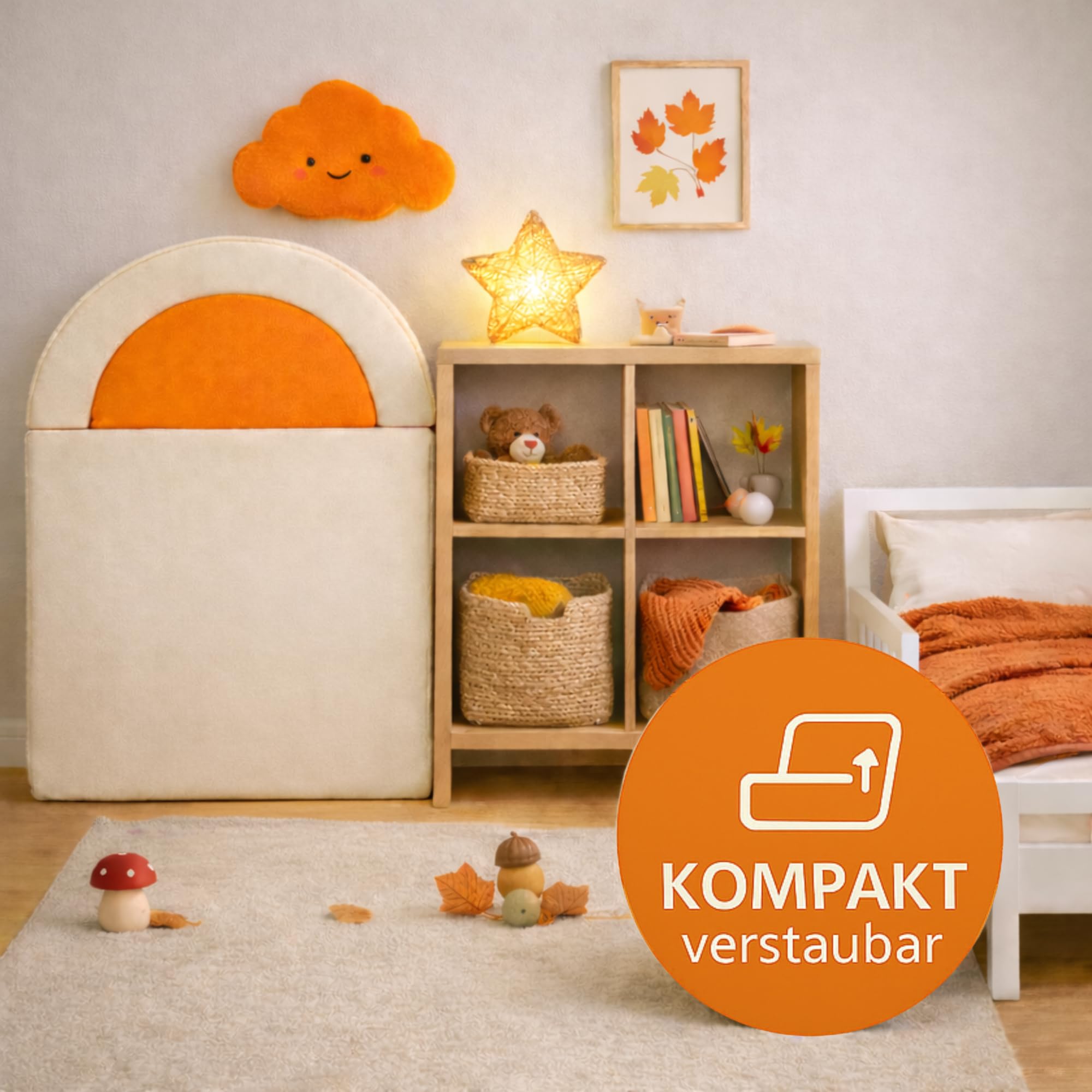 11-teiliges Kindersofa klappbar – Spielsofa modular ab 1 Jahr | Montessori Sofa in Grün & Orange | Bodensofa & Schlafsessel für Kinder