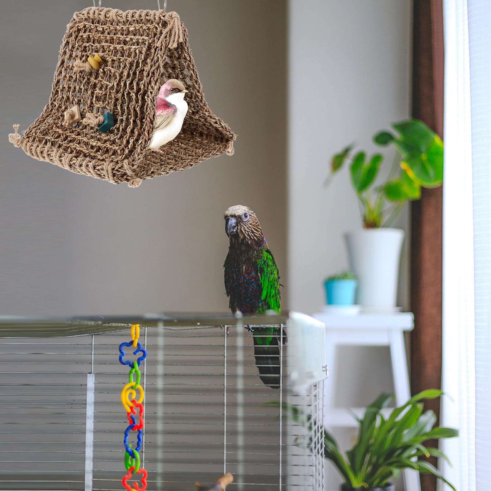 Cabilock Rustikales Rattan Vogelschlafnest als Hängematte für Papageien und Kleine Vögel Waschbarer Schlafplatz mit Praktischem Zufälligem Zubehör für Käfige Zufälliger Stil