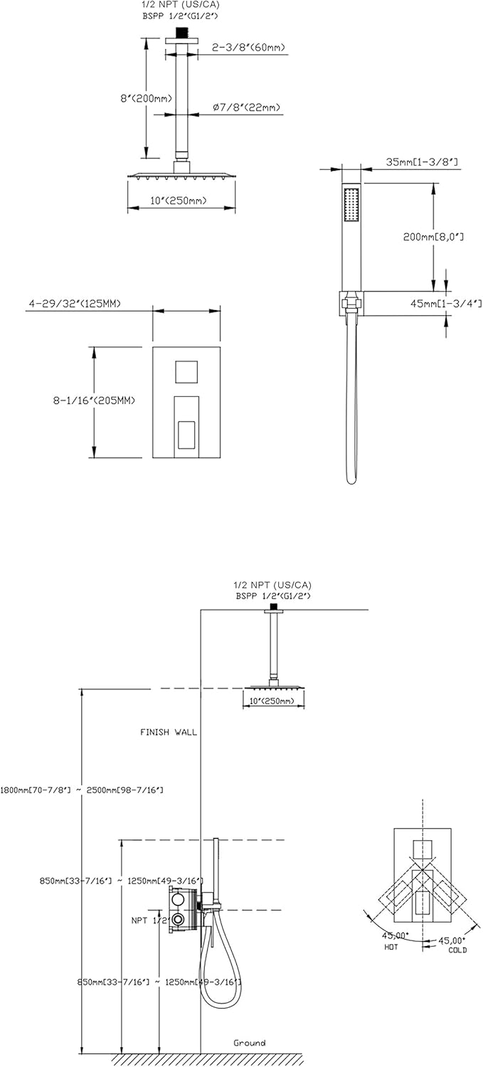 sumerain Shower System Ceiling Mount with Rough-in Valve, Rain Showerhead and Hand Shower, Chrome Finish