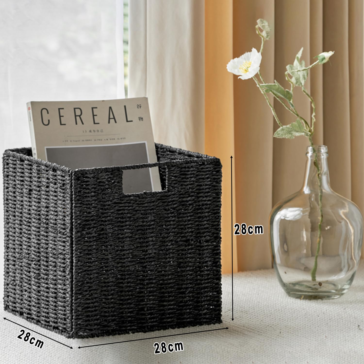 Korb Aufbewahrung Geflochten 2er Set Handgewebte Faltbar Aufbewahrungskörbe mit Griffen, 28x28x28cm Groß Flechtkorb für Bad, Regal, Küche, Schlafzimmer, Lernen, Wohnzimmer (Schwarz)