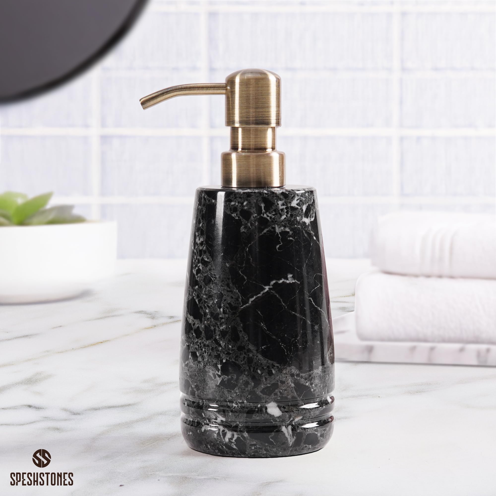 SPESHSTONES - Dispensador de jabón de mármol de 19 cm, color negro para jabón líquido de manos y vajilla para fregadero de cocina, contenedor para desinfectante, loción, champú espumoso para