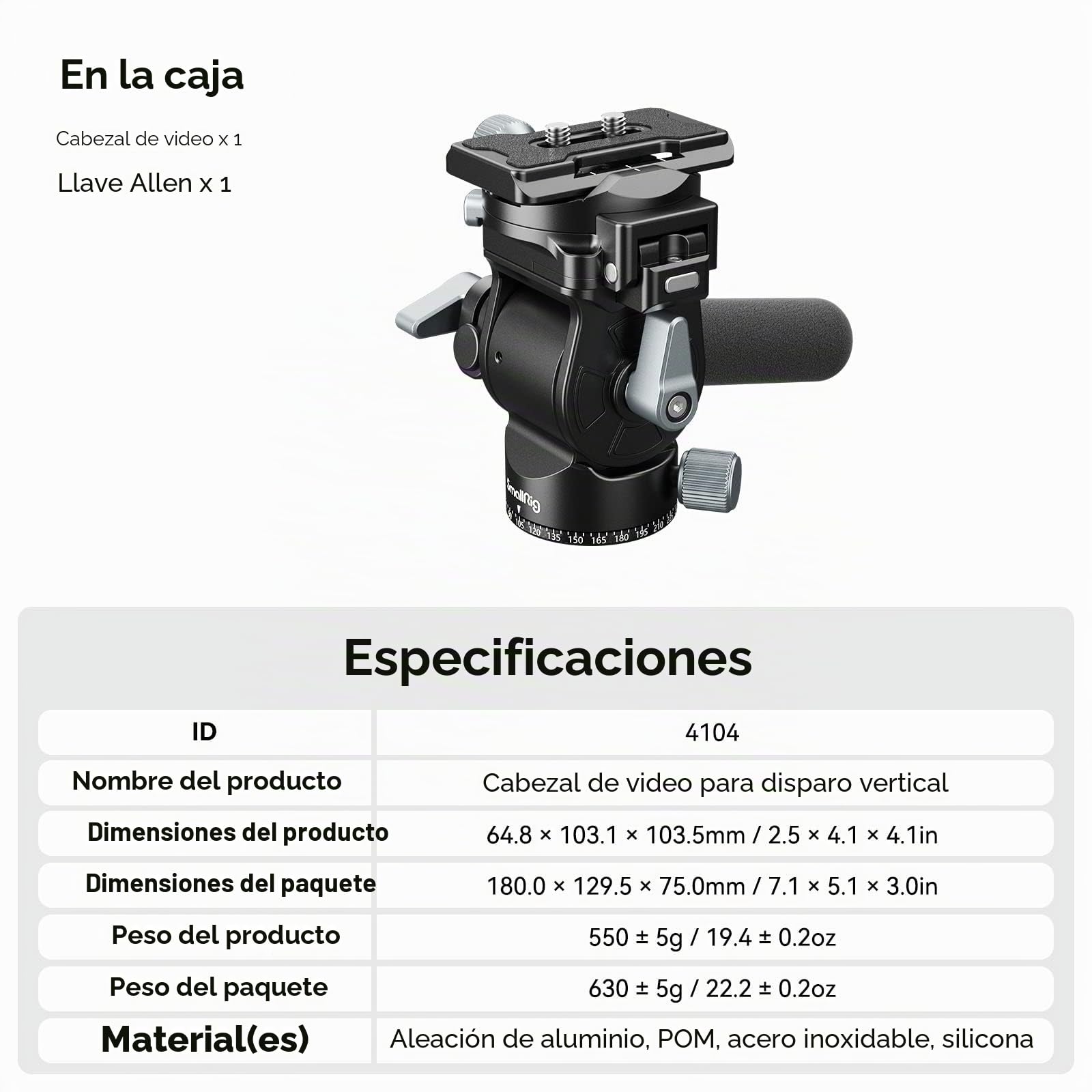 SMALLRIG Cabezal de Video, Cabezal Fluido de Inclinación y Giro de Trípode con Mango Telescópico y Placa QR Conmutable para Arca, Carga Máxima de 5kg/11libras para videocámara, sin espejo, DSLR - 4104